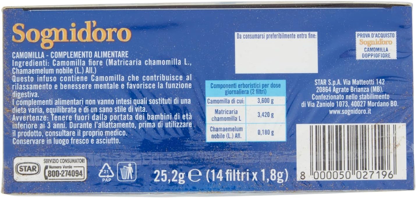 Italian Gourmet Sogni d'oro Camomilla Doppio Fiore 12 x 25,2g, Kräutertee | Infuso senza caffeina; entspannende Filterbeutel nach dem Essen oder, Gesamtnettogewicht 302,4 g + Kostenlos Polpa 400g
