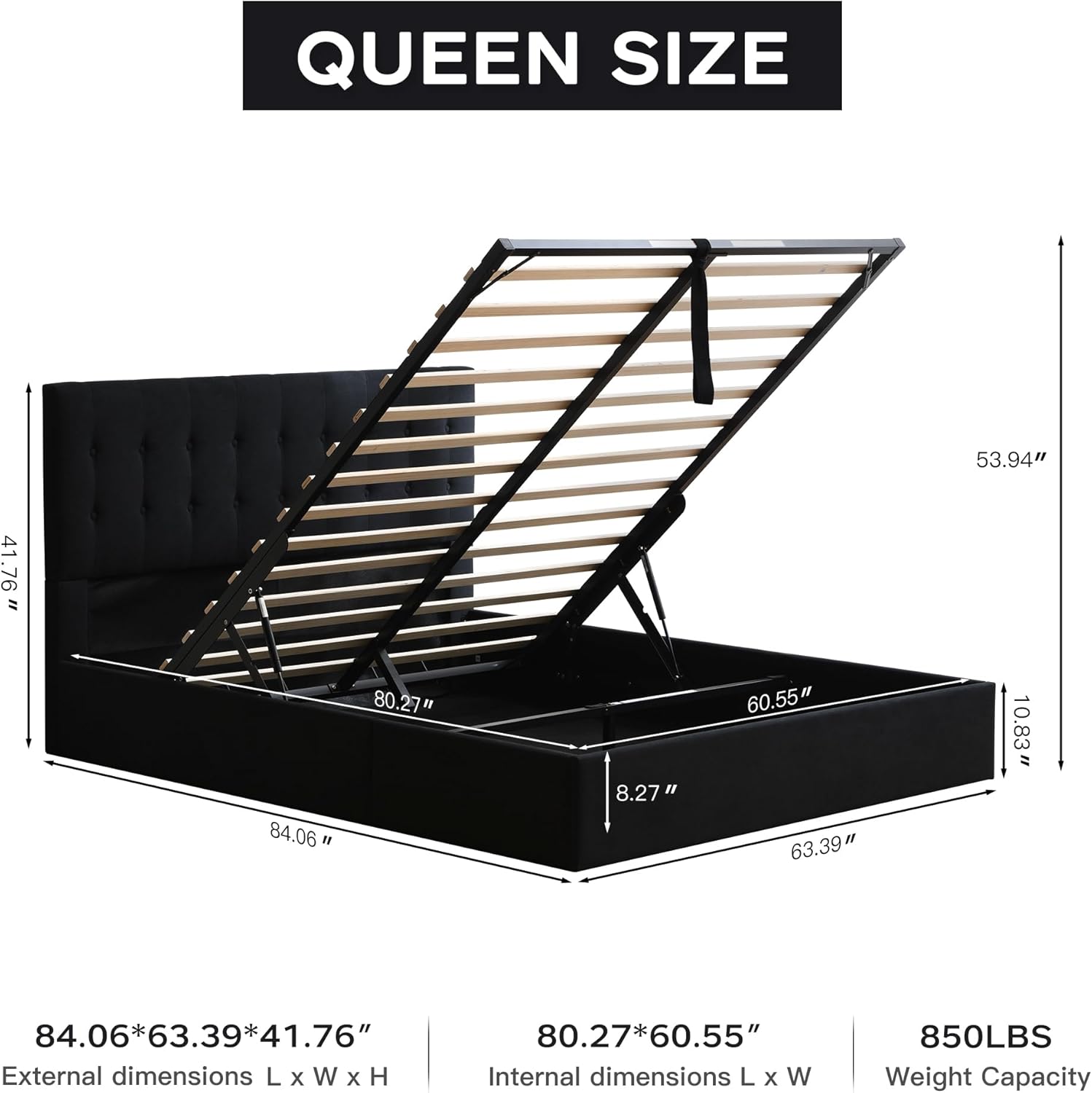VELOCAVA Queen Size Black Lift-Up Storage Bed, Linen-Textured Upholstered Platform Frame with Ample Hydraulic Storage, Modern Button-Tufted Headboard, Sturdy Slats, No Box Spring Needed