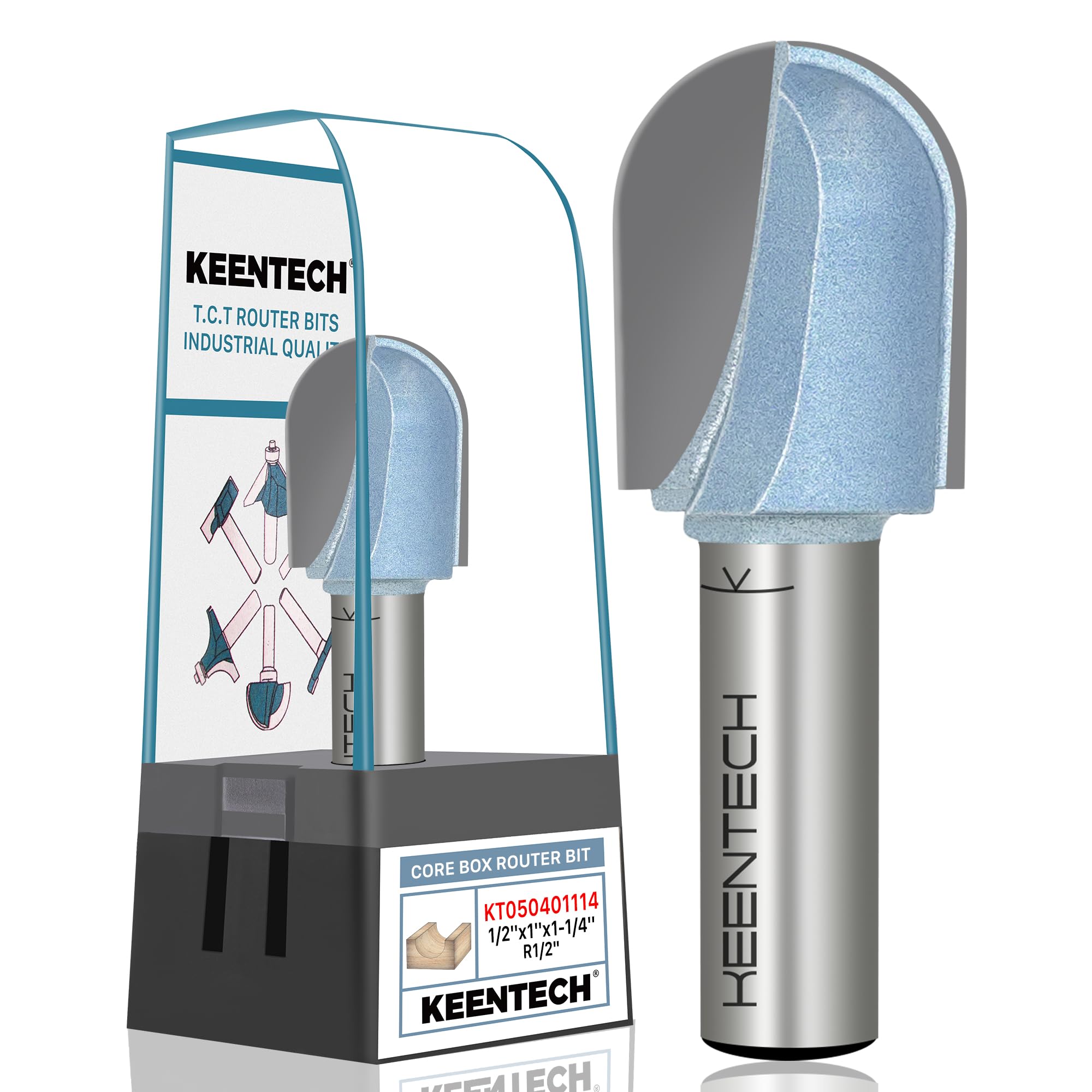 KEENTECH Core Box Router Bit, 1/2" Shank Round Nose Bit for Woodworking, Industrial-Grade Carbide Tipped, 1" Diameter × 1-1/4" Cutting Depth