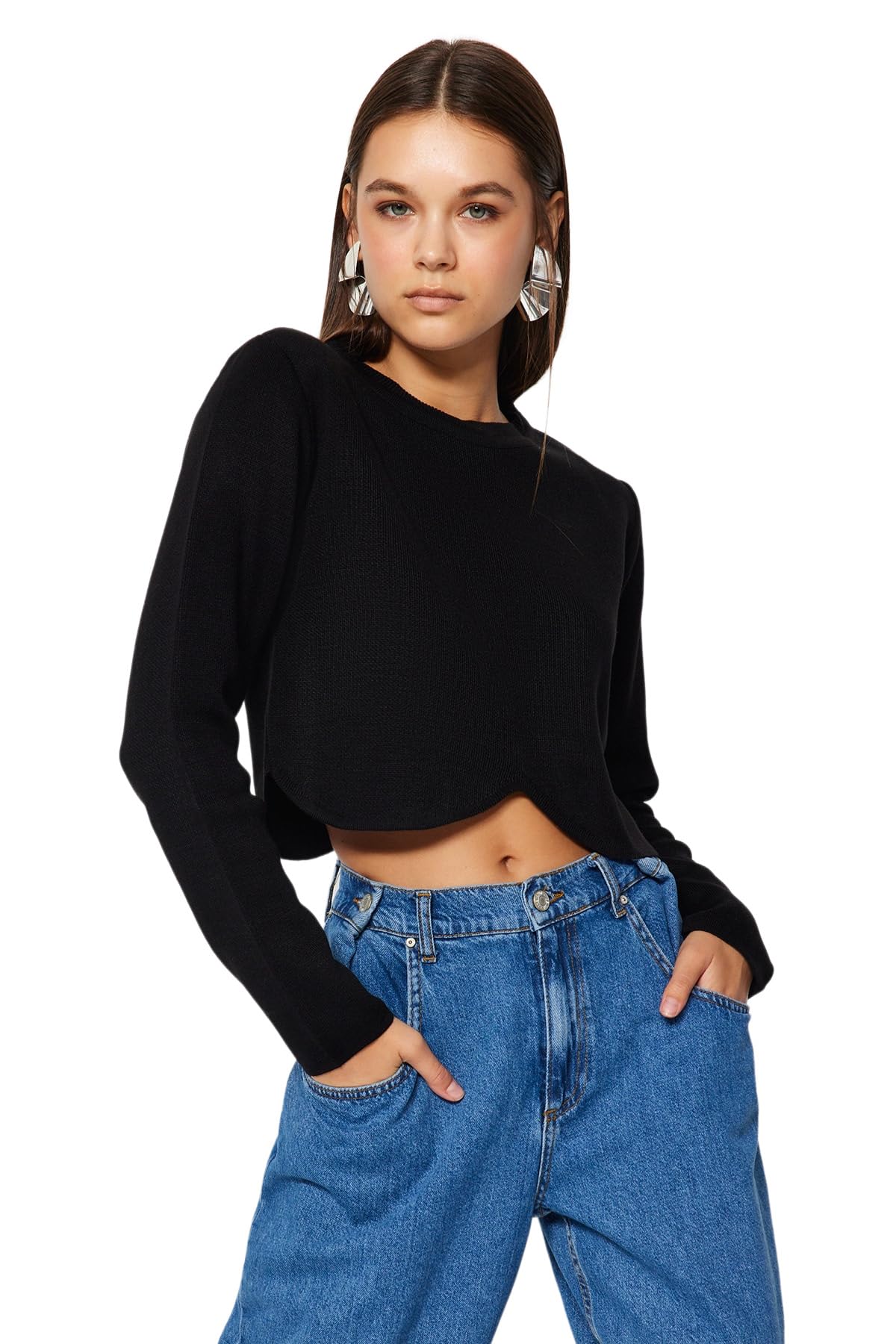 Trendyol FeMan Fitted Basic Crew Neck Knitwear Sweater,Black,L