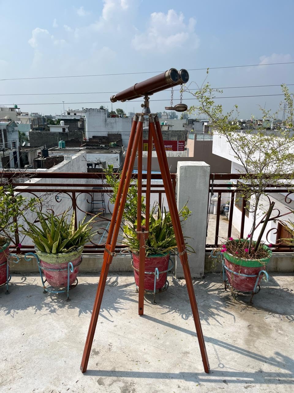 Brass Marine Navy Nautical Double Barrel Binocular with Adjustable Stand Decorative for Home,Office & 18" Telescope & Floor Tripod - Antique & Black Leather (Brown Antique & Brown Lether)