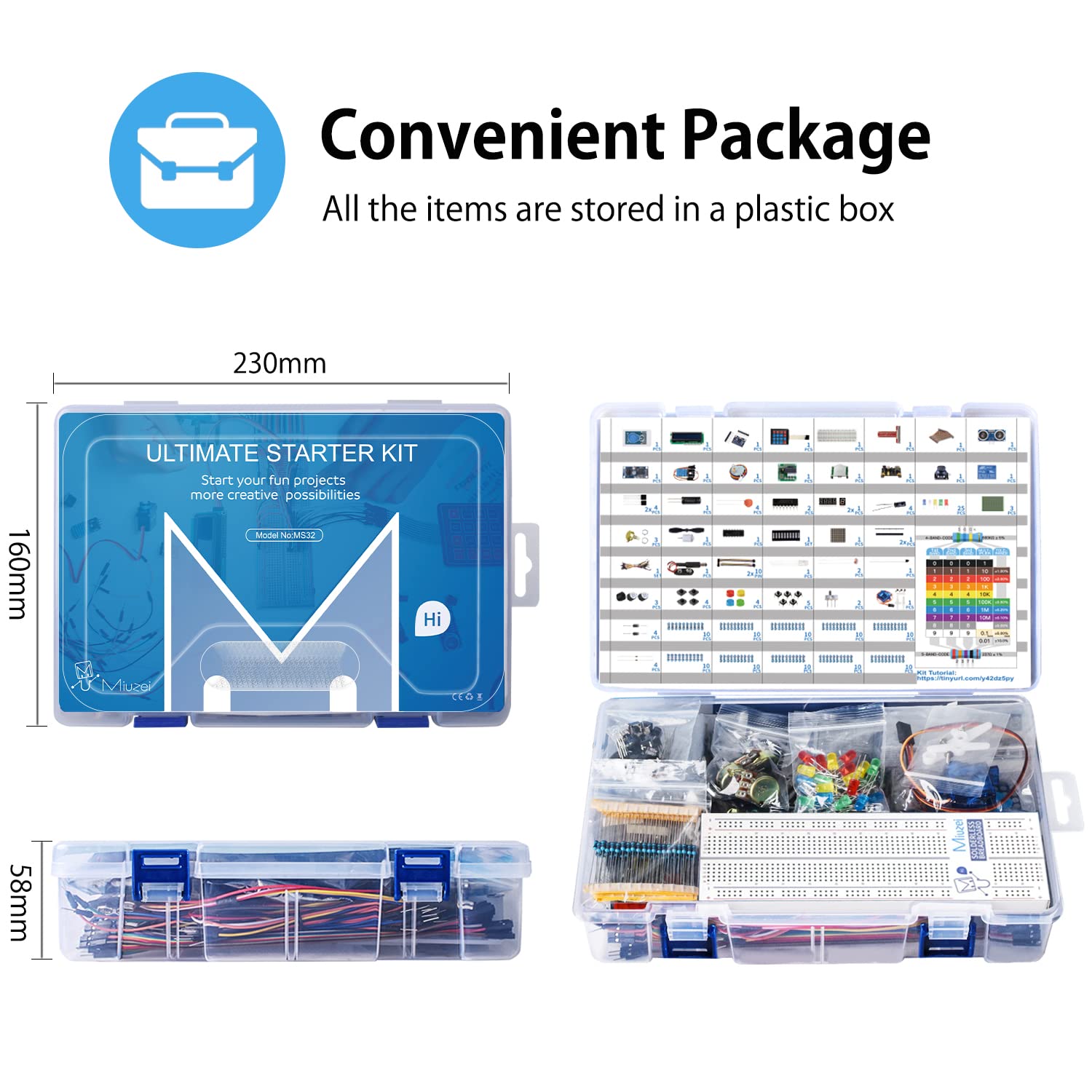 Miuzei Elektronik Bausätze Starter Kit kompatibel mit Arduino & Raspberry Pi, mit deutschem Tutorial, mehr als 235 Bauteile, 58 Lektionen, LCD-Display, Sensoren, Relais, GPIO Erweiterung