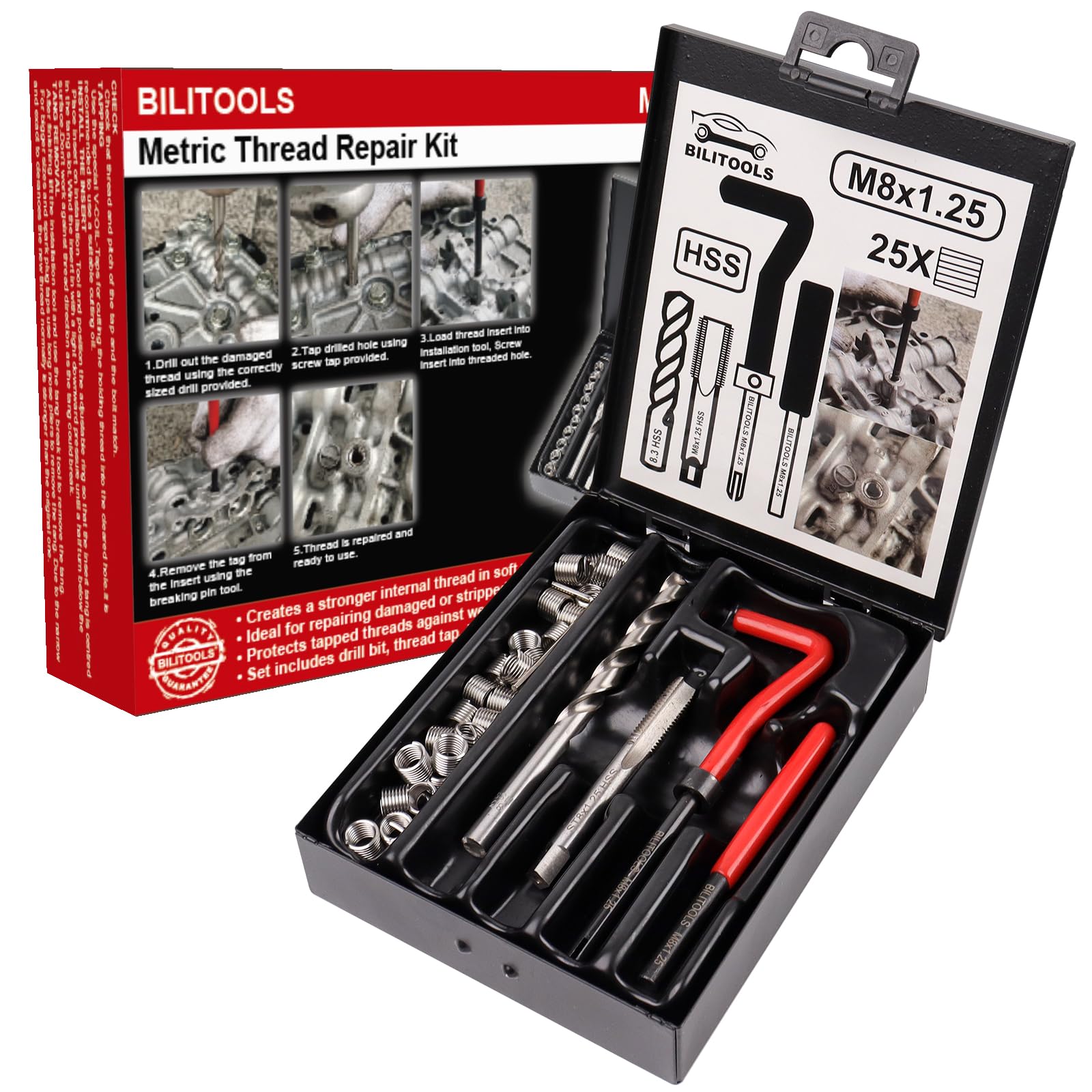 BILITOOLS M8x1,25 Gewindereparatursatz | Helicoil Edelstahl Gewindeeinsätze mit HSS Bohrer & Einbauwerkzeug
