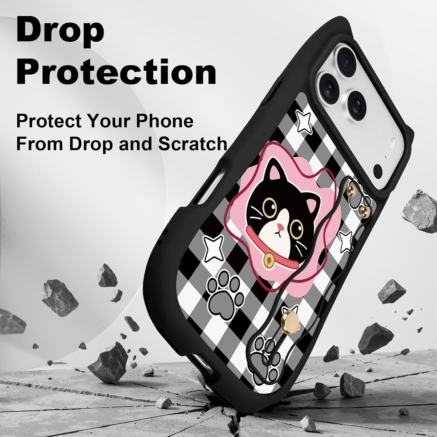 for iPhone 17 Pro Case with Wrist Stand, Cute Cat Checkered Pattern with 3D Cat Ear Design, Kawaii Adjustable Soft Strap Protective Animal Phone Cover for Women Girls, Grey