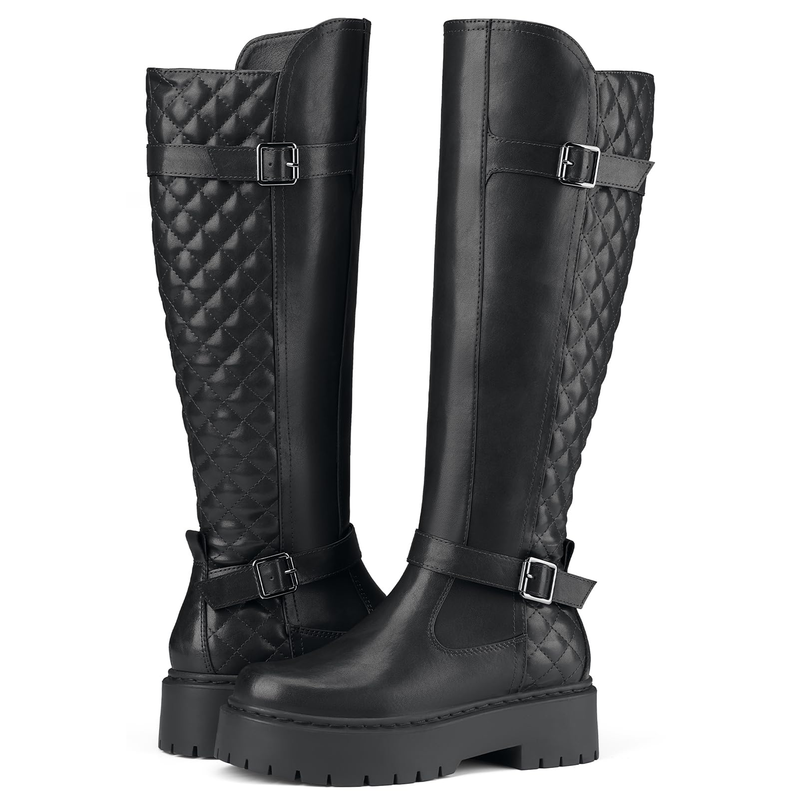 SUEDIWomen's Knee High Riding Boots with Side Zipper Chunky Platform  Motorcycle Boots for Women