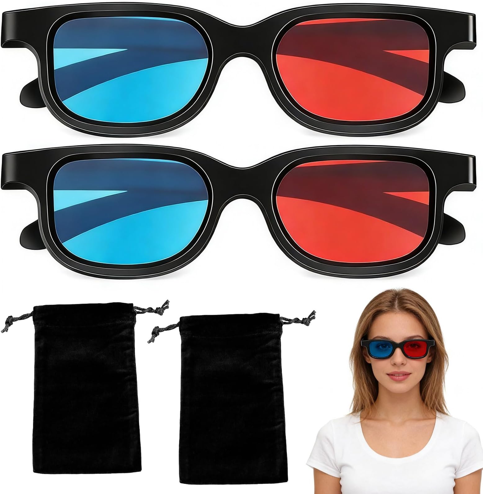 Pack of 2 Red Blue 3D Glasses with 2 Black Storage Pockets, Lightweight and Reusable for 3D TV, Computer Gaming, 3D Movies, and More - Ideal for Home Theater