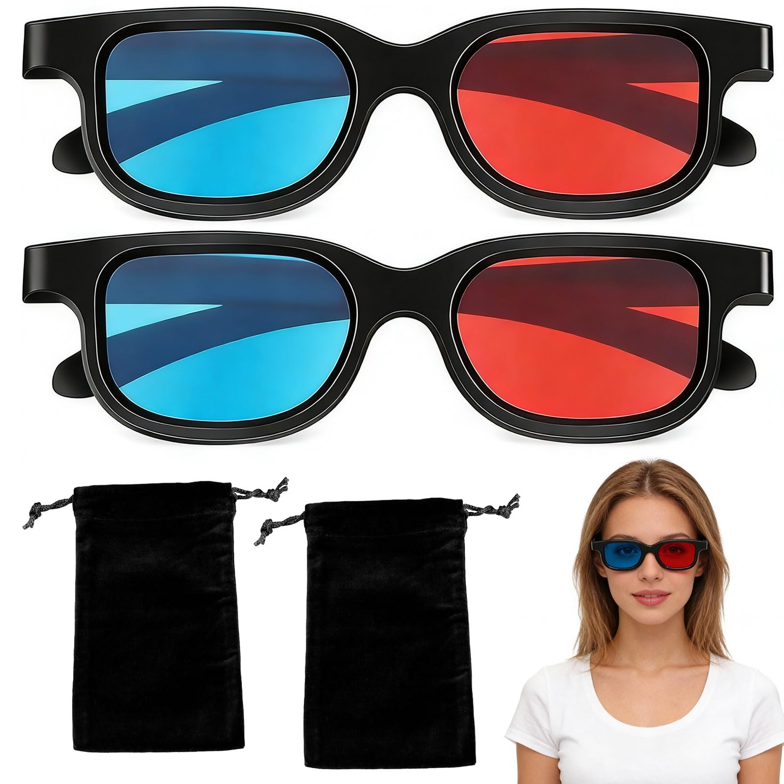 Pack of 2 Red Blue 3D Glasses with 2 Black Storage Pockets, Lightweight and Reusable for 3D TV, Computer Gaming, 3D Movies, and More - Ideal for Home Theater