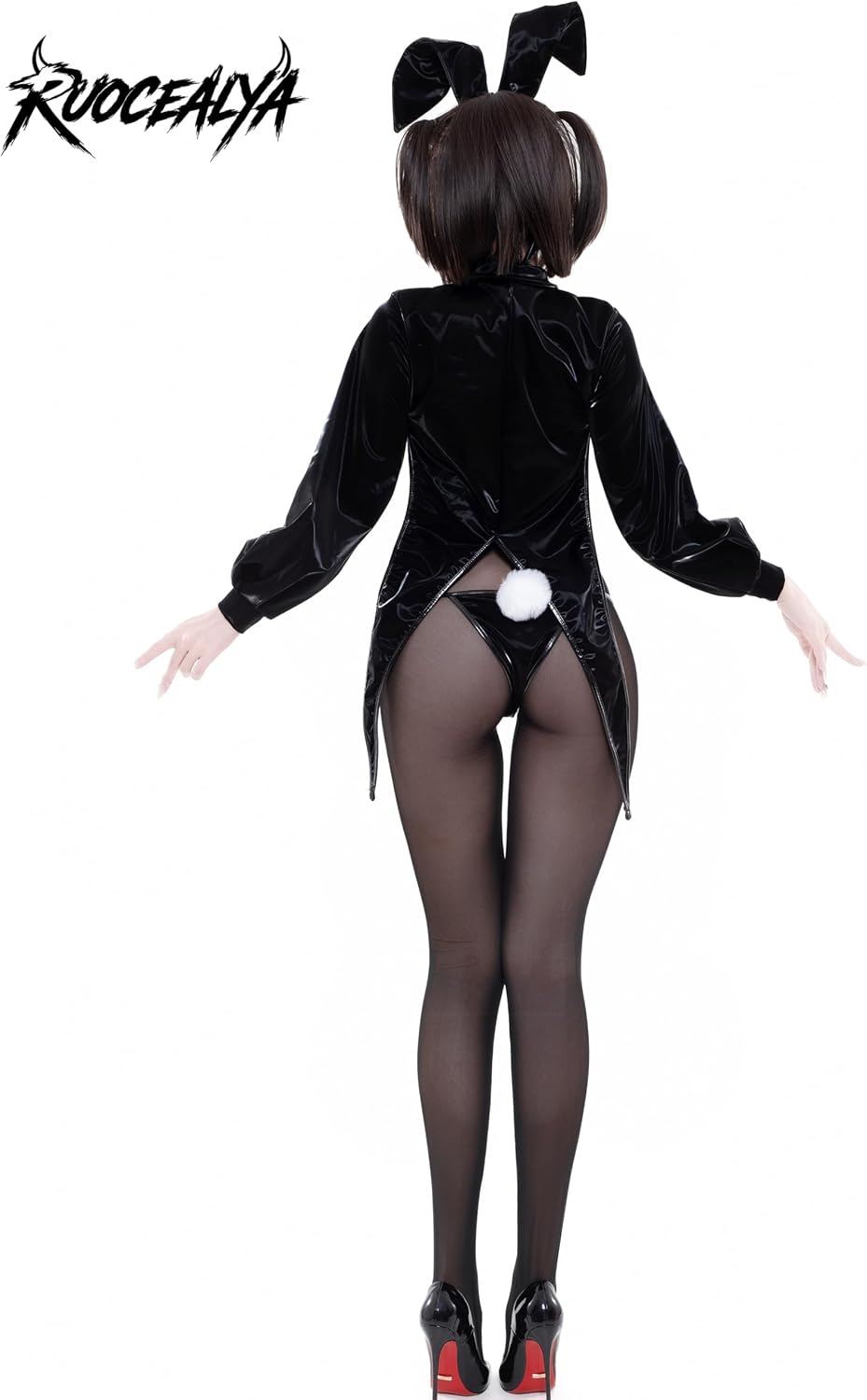 Sexy Reverse Bunny Girl PU Leotard Costume S-M Black | Dark Bunny Cosplay Outfit with Sheer Mesh Bodysuit, Rabbit Ears and Tailcoat for Halloween, Role Play and Photoshoot