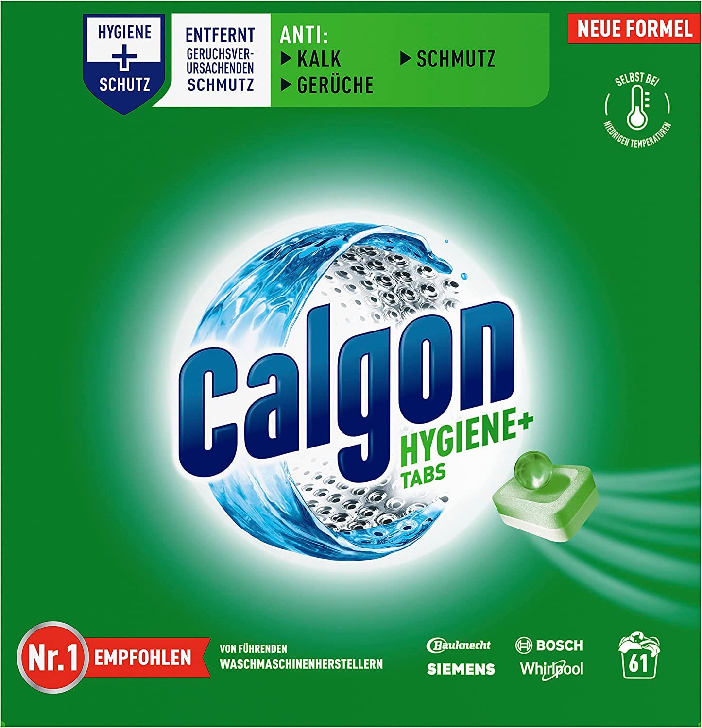 Calgon Hygiene+ Tabs – Schutz vor Kalkablagerungen und Schmutz – Wasserenthärter mit Hygieneschutz für die Waschmaschine – 2 x 61 Tabs