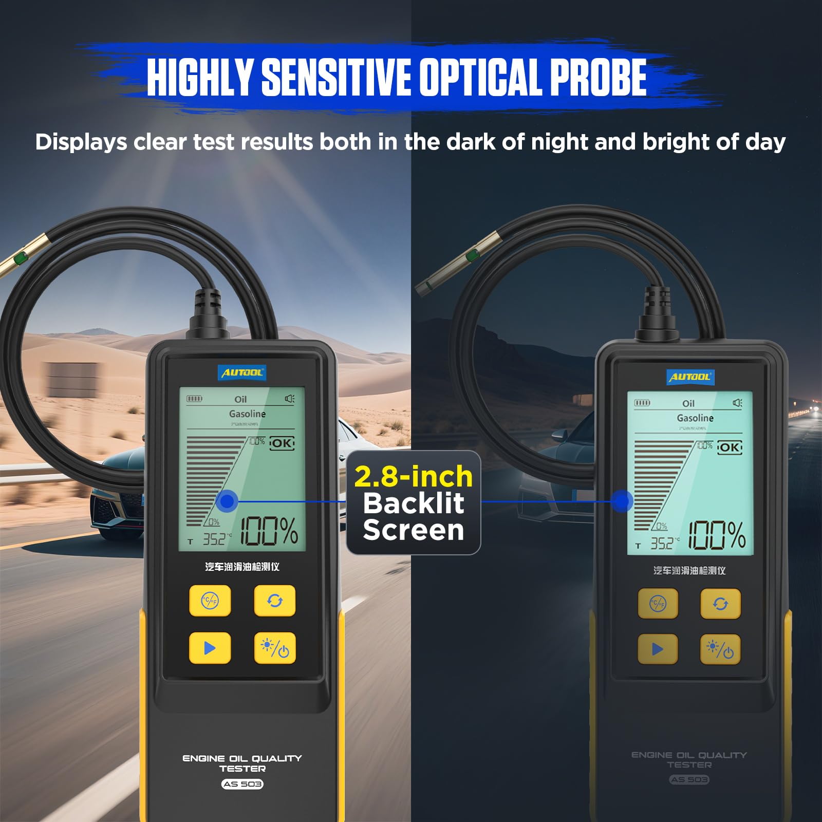 AUTOOL Tester per Olio Motore, Kit per la Qualità dell'olio Motore a Benzina e Diesel, Test Rapido di Trasmittanza e Temperatura, Engine Oil Tester con Sonda Flessibile da 31,5 Pollici (AS503)