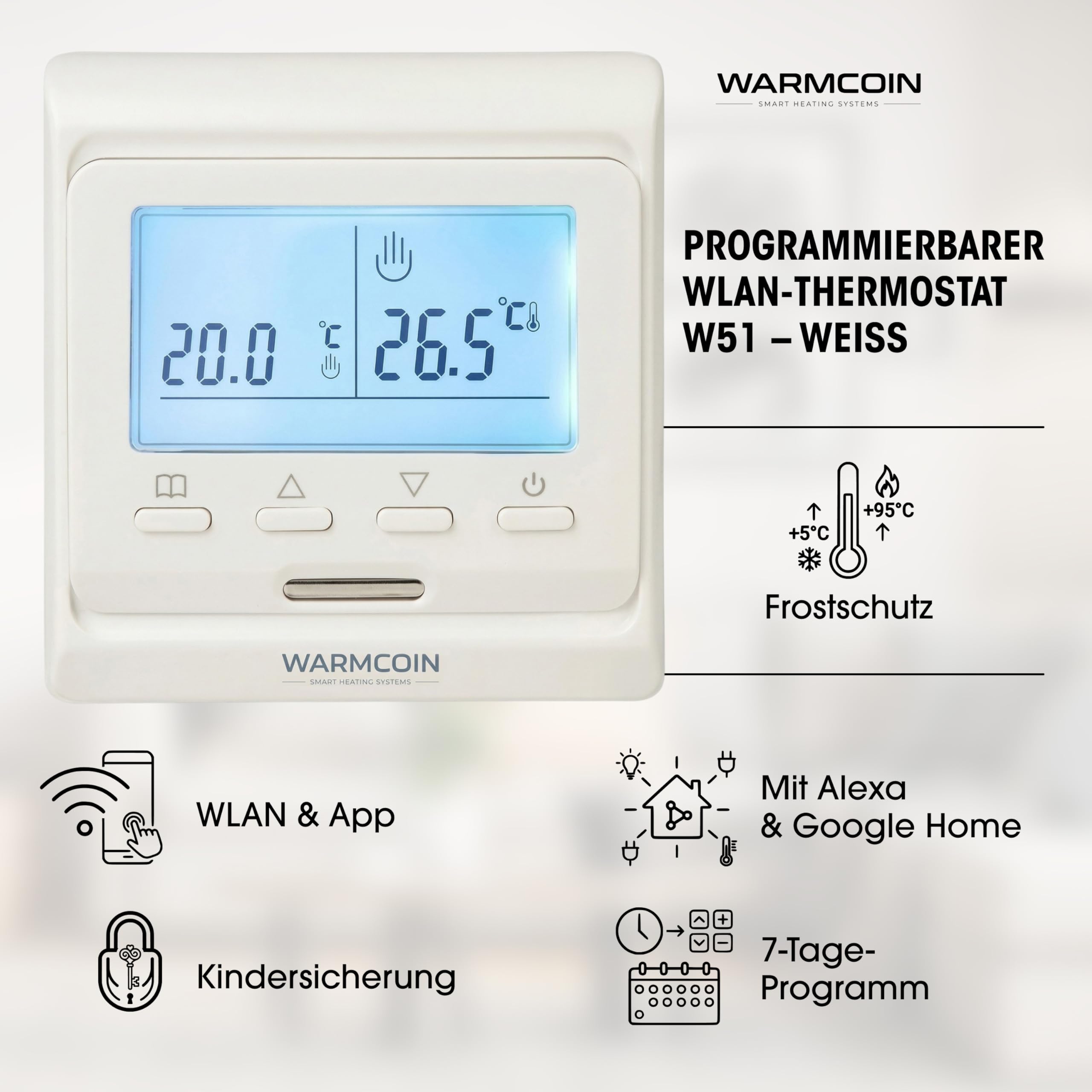 Riscaldamento a pavimento elettrico completo 160 W/m² – Tappetino riscaldante autoadesivo per piastrelle, laminato, vinile e parquet – 1,5 m² (0,5 x 3 m) – Incl. termostato Wi-Fi W51 bianco