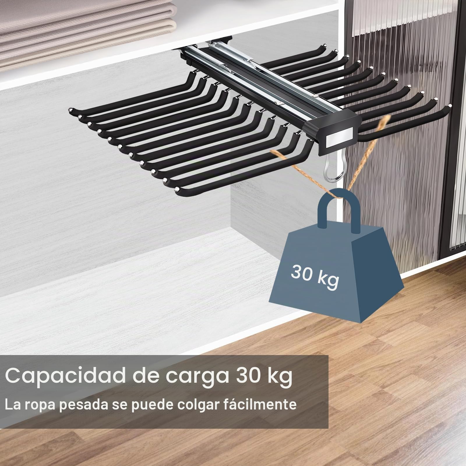 Pantalonero Extraible para Armario, 22 Brazos, 45,6x59,5cm | suspensión con amortiguador silencioso, organiza pantalones y maximiza espacio del armario