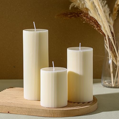 Conelist Ribbed Pillar Candles Set of 3, Width 3" High