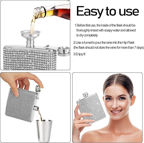 Miniatura 5 de Diamond - Frascos de cadera de acero inoxidable con purpurina a prueba de fugas con embudo, frasco de cadera con diamantes de imitación, lindo