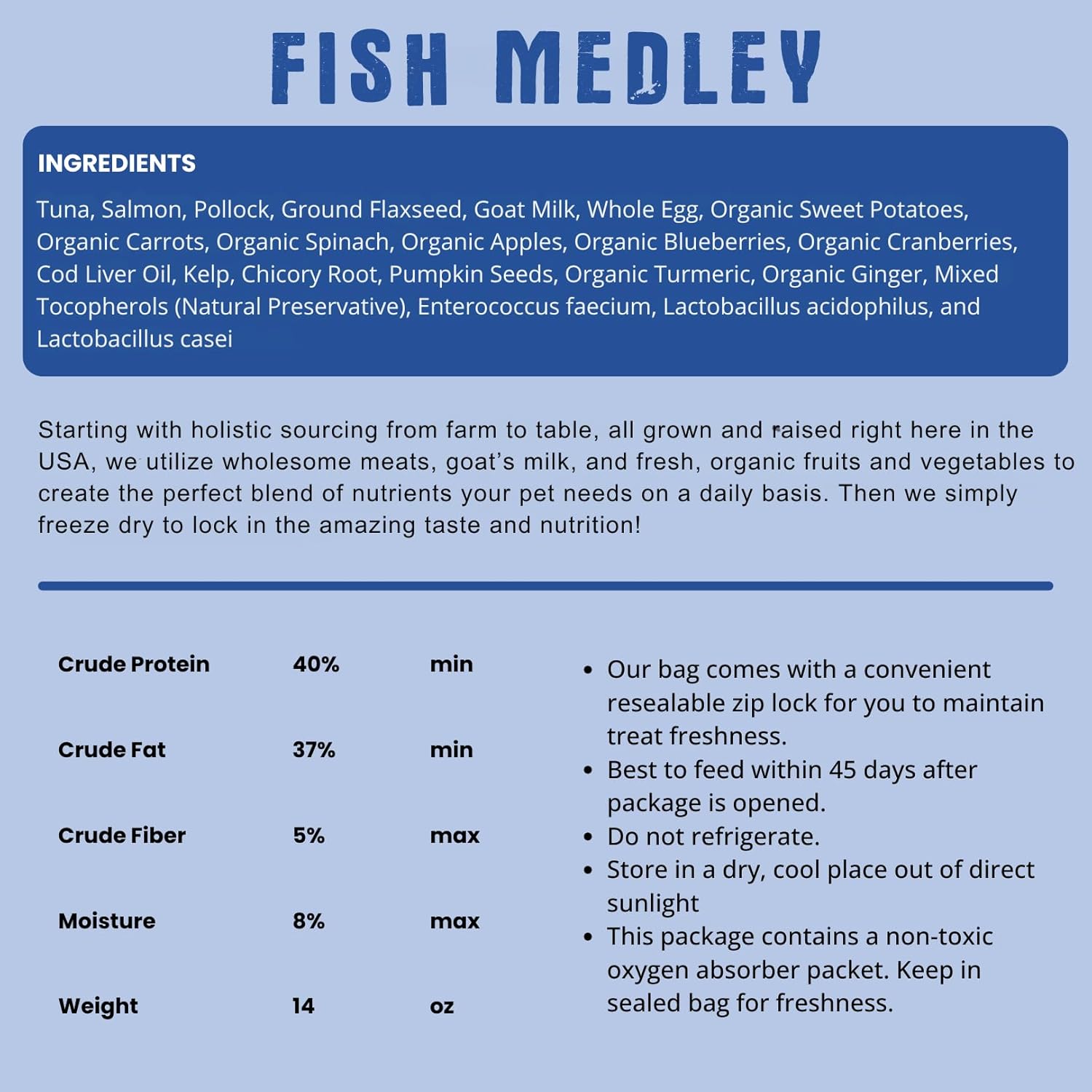 Shepherd Boy Farms Freeze Dried Raw Dog Food, Fish Medley Recipe, All Natural, No Synthetics, Made in USA with Goat's Milk & Organic Produce, High Protein, Complete Meal (14oz)