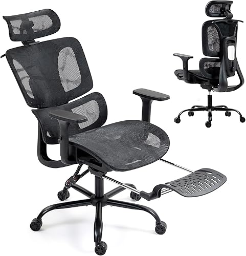 Silla de oficina ergonómica con soporte lumbar ajustable, reposabrazos y reposacabezas 3D, silla reclinable de 135 con reposapiés, silla giratoria