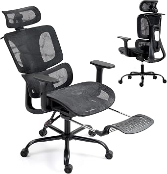 Black Ergonomic High Back Mesh Office Chair with Footrest | Adjustable Lumbar Support, 3D Armrests, Headrest, 135 Reclining, Swivel, Home Office