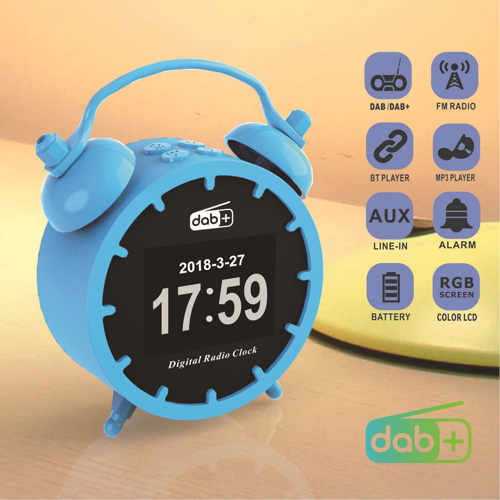 Dab/Dab+ FM Radio avec Bluetooth, LCD Couleur Radio-réveil numérique, avec Fonction de Charge USB, Deux alarmes, Fonction Snooze