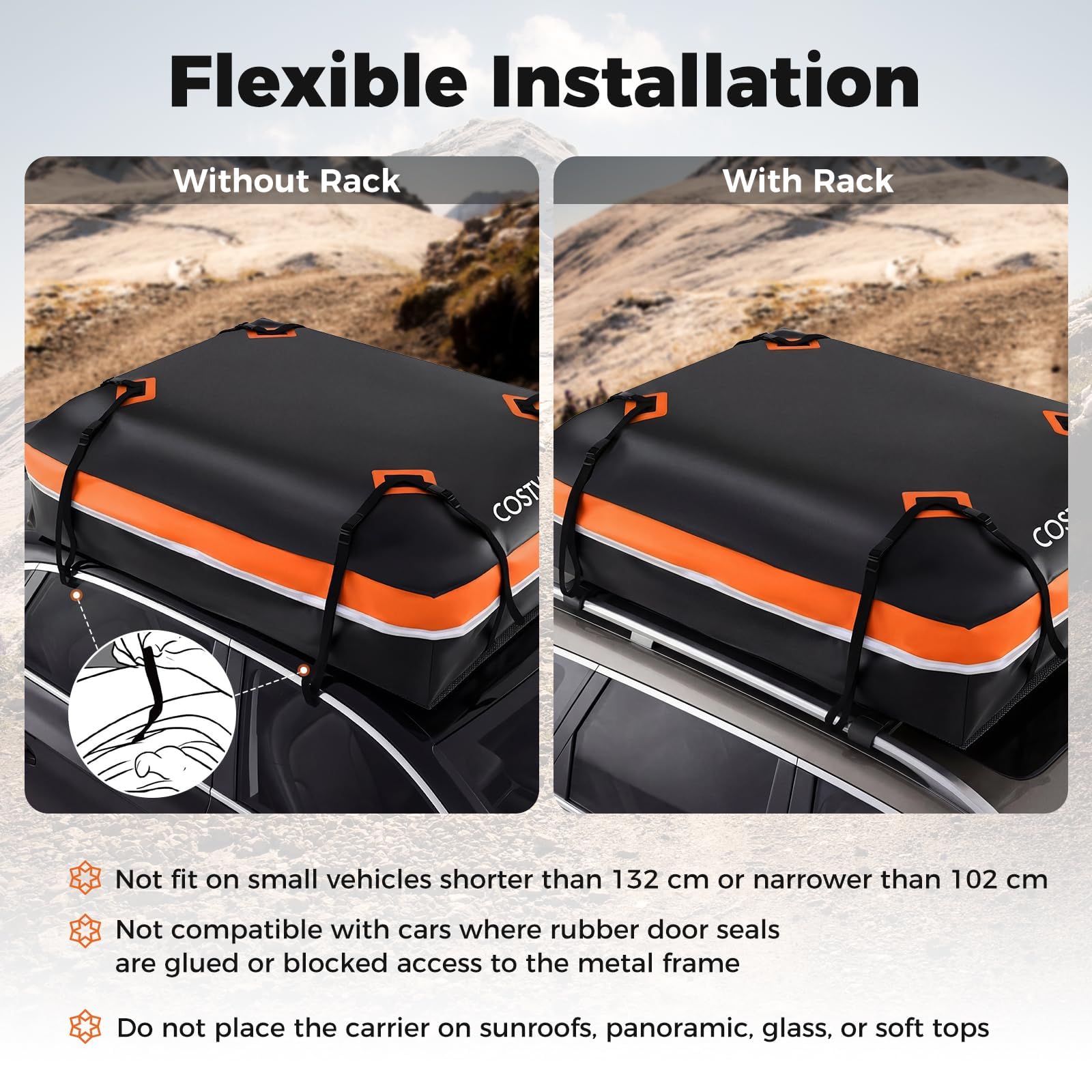 FANTASK 600 L Auto Dachbox, Dachtasche wasserdicht mit Anti-Rutsch-Matte, 6 Türhaken, Schloss & Tragetasche, XXL Gepäckträger, tragbare Gepäckbox für Autos mit/ohne Gepäckträger (Orange)