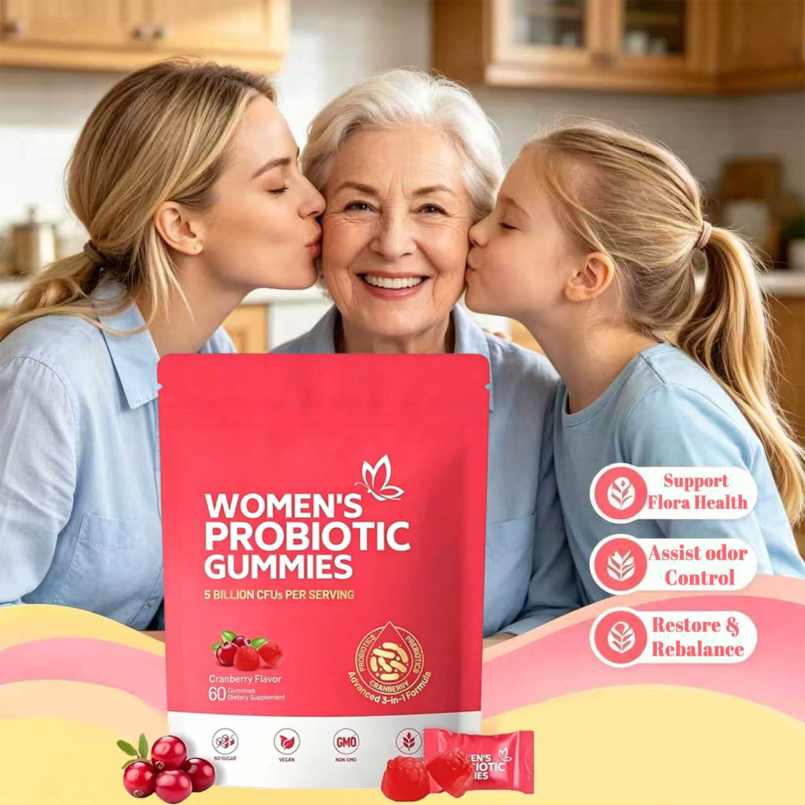 Gominolas Probióticas para Mujeres - 60 Unidades | Soporte Íntimo con Prebióticos y Arándano Rojo | Promueve Equilibrio de pH, Equilibrio de Levaduras y Salud Inmunológica | Refresca el Olor Íntimo