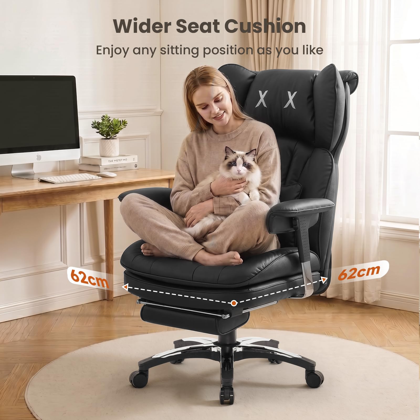 Efomao Silla de Oficina Grande, Silla de Escritorio de Piel PU con Bordado en X, Respaldo Alto Ajustable, Reposapiés, Soporte Lumbar, Silla Ejecutiva Ergonómica 200 kg