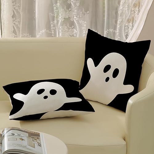 Miniatura 6 de AGAYNA Juego de 2 fundas de almohada de Halloween de 16 x 16 pulgadas, decoración de fantasmas en blanco y negro, para sofá, Halloween, interiores y