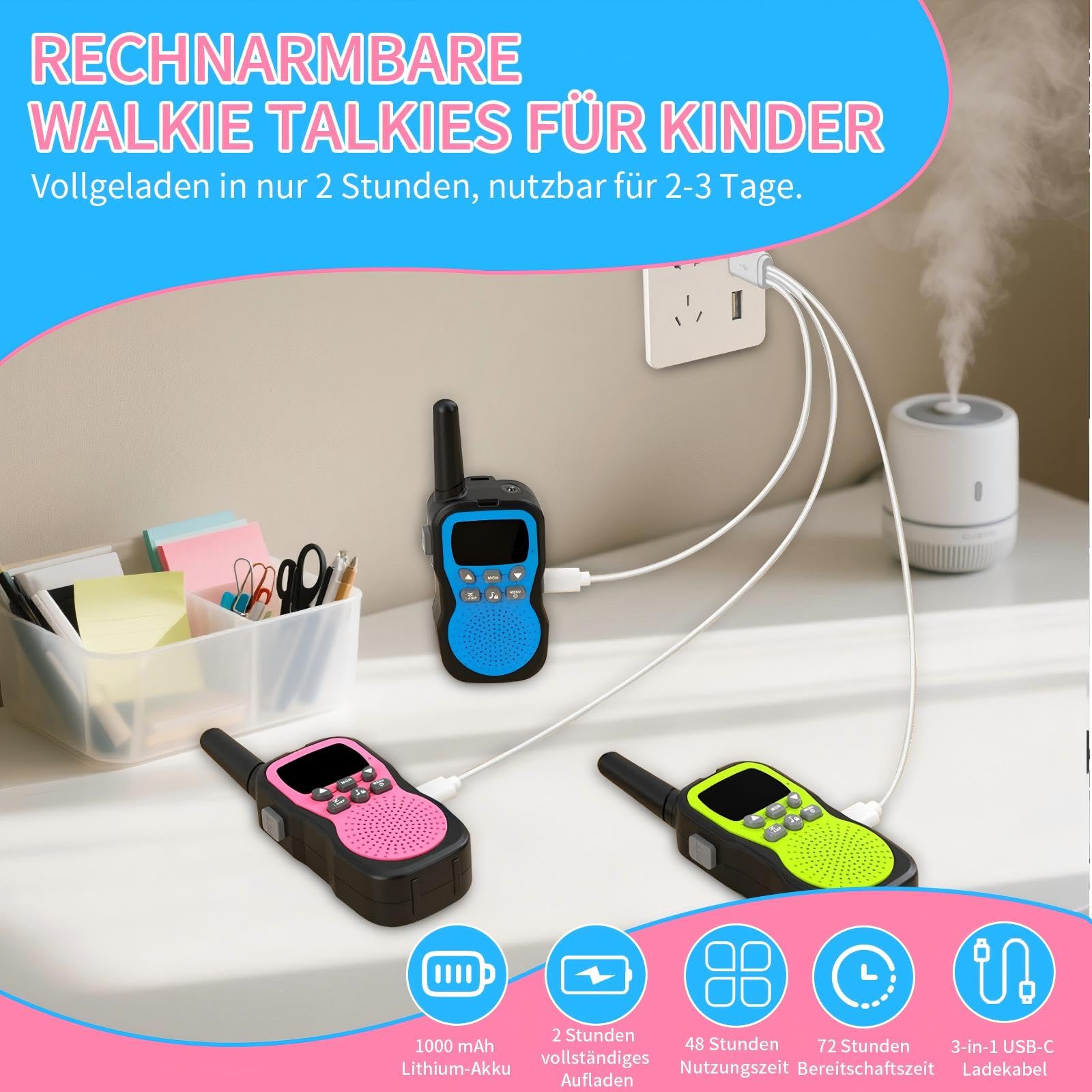3er Set Walkie Talkie Kinder Aufladbar, 8 Kanäle, 48h Betrieb, Taschenlampe, 3 Kilometer Walkie Talkie Set，Geschenk für Jungen & Mädchen ab 3 Jahren – ideal für Camping, Spielplatz & Spielen