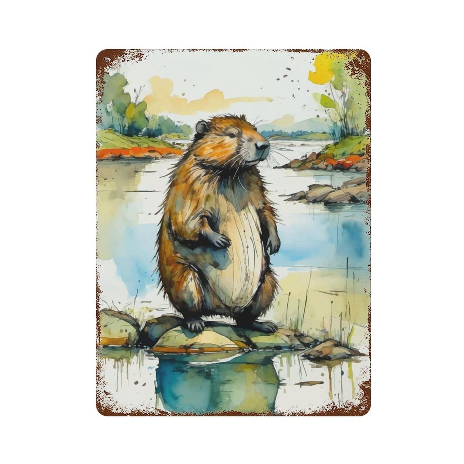 Garage Style Watercolor Beaver by The River Vintage Rust Metal Sign 15.7"x11.8", Industrial Home Decor for Bar And Workshop