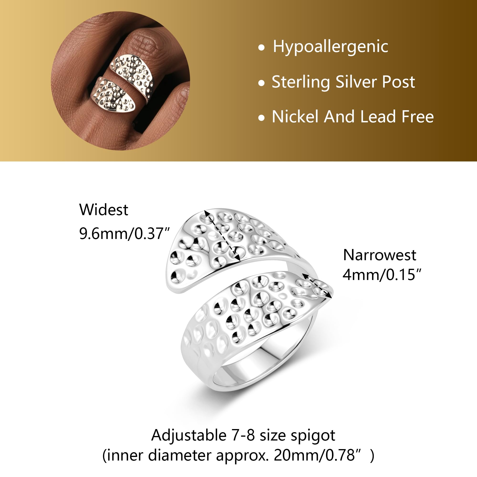 ALEXCRAFT Sterling Silber 925 Ringe für Damen, 14K Vergoldet Ring Einfacher Offen Hammer Verstellbare Ringe Glatter Kleine Wassertropfen Ring Breit Groß Daumen Finger Ringen für Damen Frauen Herren