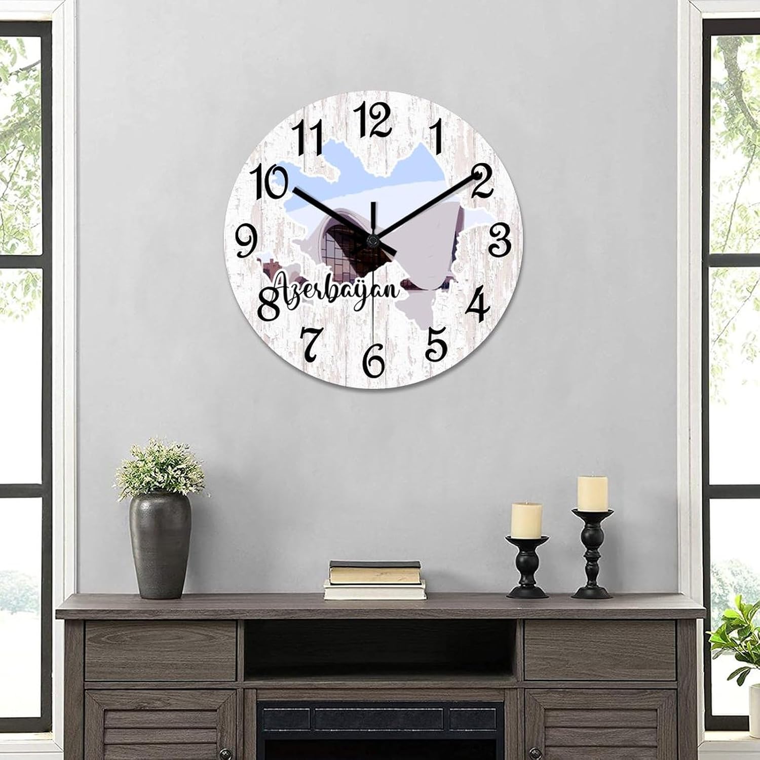Azerbaijan Landmark Landscape Wall Clock Azerbaijan Map Wooden Wall Clocks Battery Operated 15 Inch Non-Ticking Retro Cabin Wall Decor for Kitchen Bedroom Living Room Office