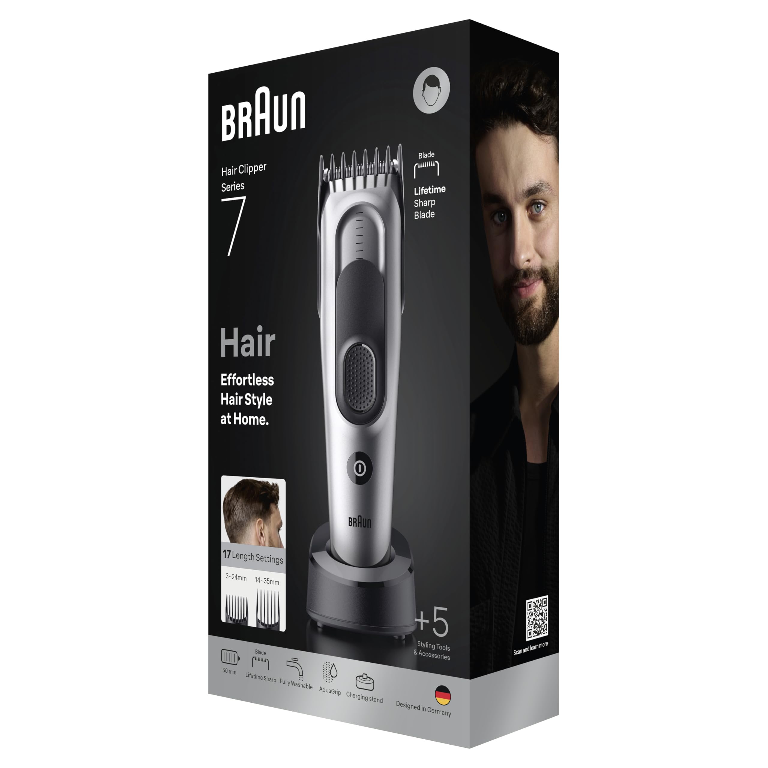 Braun Cortapelos Hombre Series 7 HC7590, Gris - Máquina de Cortar Pelo con 5 Accesorios de Styling, Lámina de Corte Ultra Afilada, 17 Longitudes, 50 Min de Autonomía, Resistente al Agua