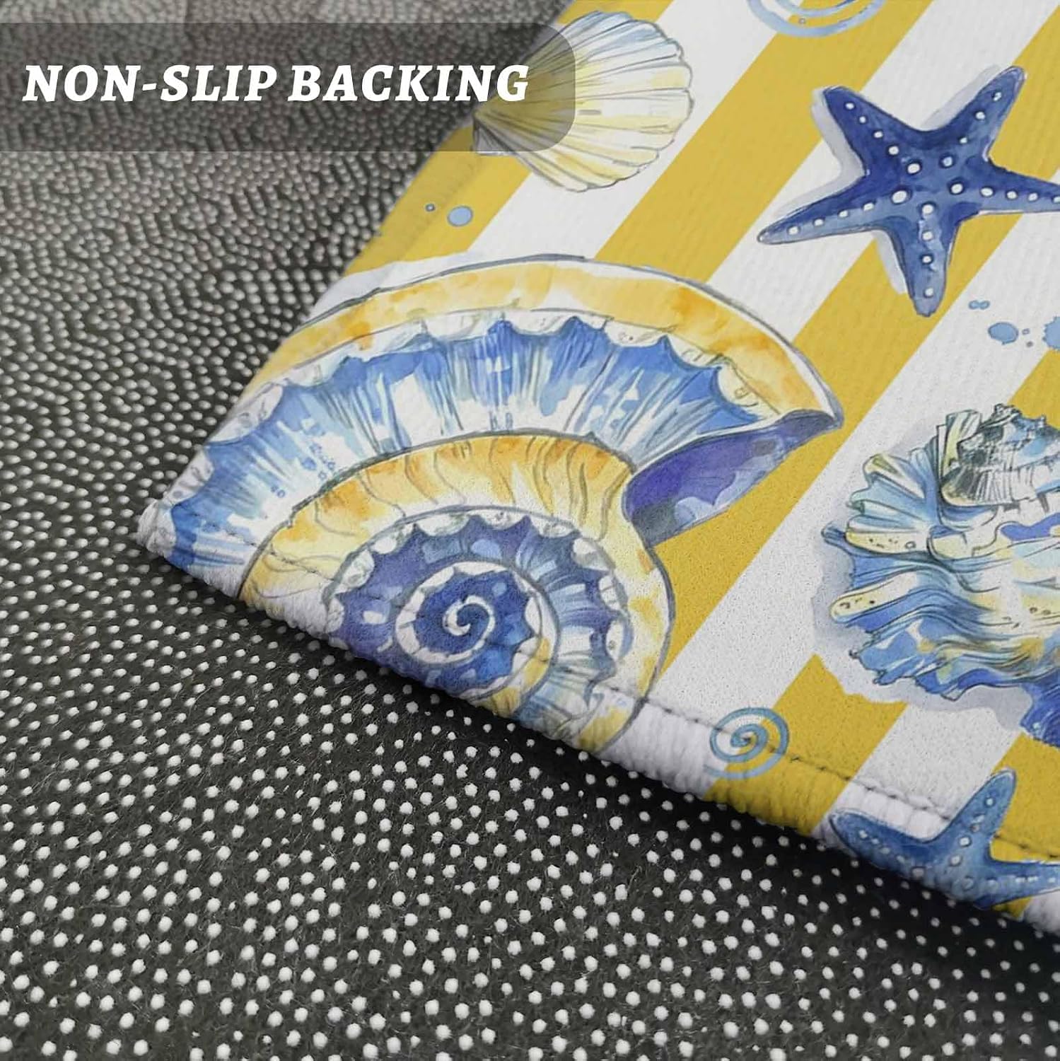 Teamery Kitchen Mats for Floor Summer Sea Conch Starfish Washable Non Slip Kitchen Rugs 1PCS, Yellow White Striped Background Absorbent Standing Mats for Sink Bathroom Office Living Room 15.7x47.2in