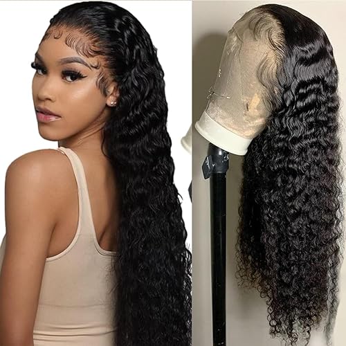 Pelucas de cabello humano ondulado profundo con encaje frontal de 13 x 4 pulgadas, prearrancado, transparente HD, pelucas rizadas para mujeres