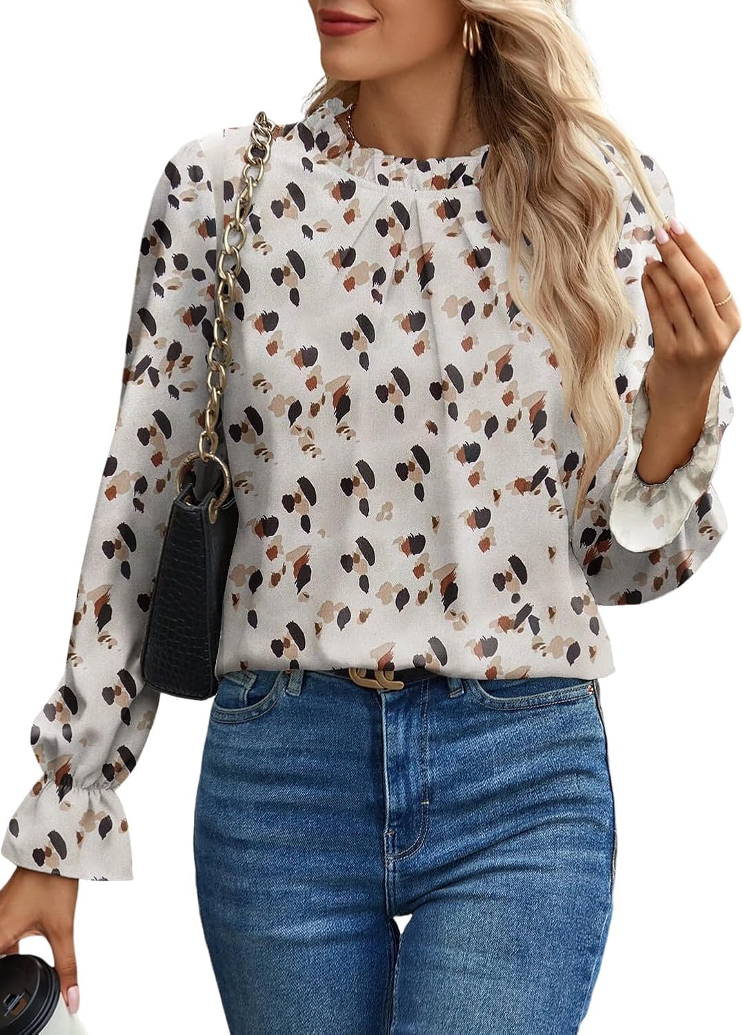 Women’s Swiss Dot Shirt Ruffle Long Sleeve Pleated Crewneck Blouse Casual Loose Tops