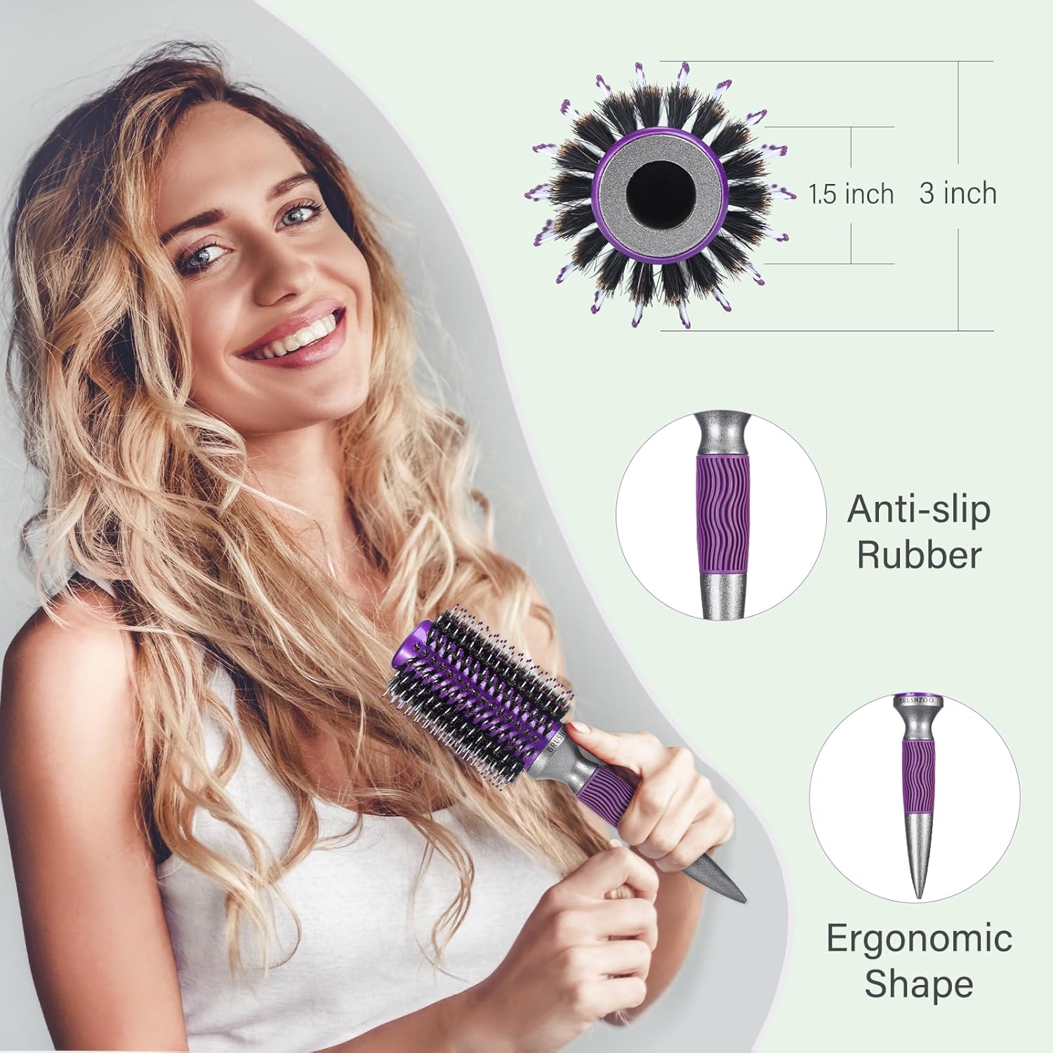 BRUSHZOO Round Brush for Blow Out, Boar Bristle Round Brush for Women Add Shine Volume, Hairbrush for Women Blow Drying Styling - Image 3