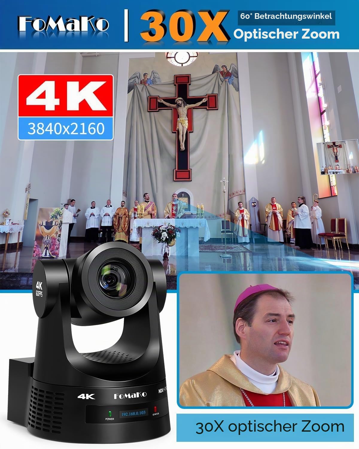 FoMaKo 4K 60FPS NDI HX3 PTZ Kamera, 30x Optischer Zoom, NDI-Ausgang 4K@60, KI-Auto-Tracking, 3G-SDI HDMI2.0 LAN PoE USB3.0, Professionelle NDI-Live-Streaming-PTZ-Kamera (K630N)