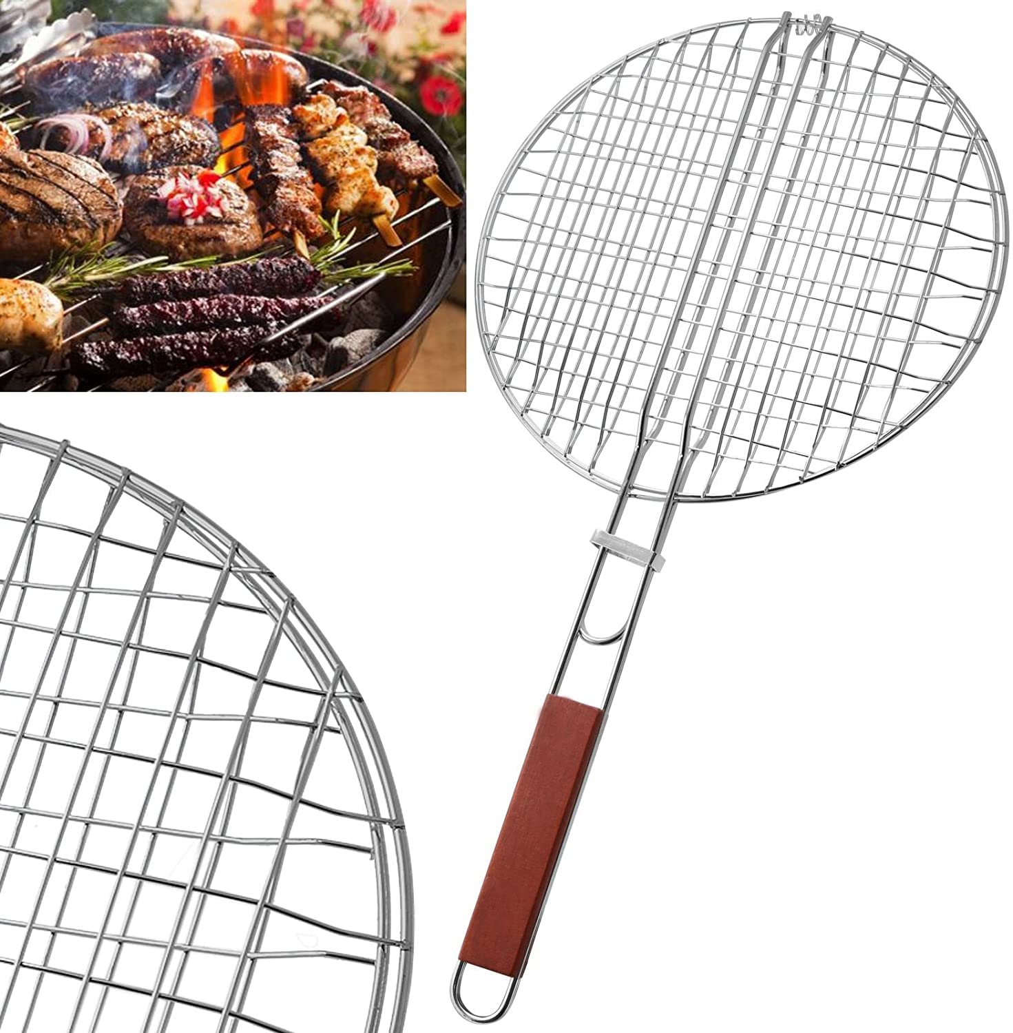 Mild Steel Portable Barbecue BBQ Grill Net Basket Roast Grilling Tray Plated with Wooden Handle (Grill Round (30 CM))