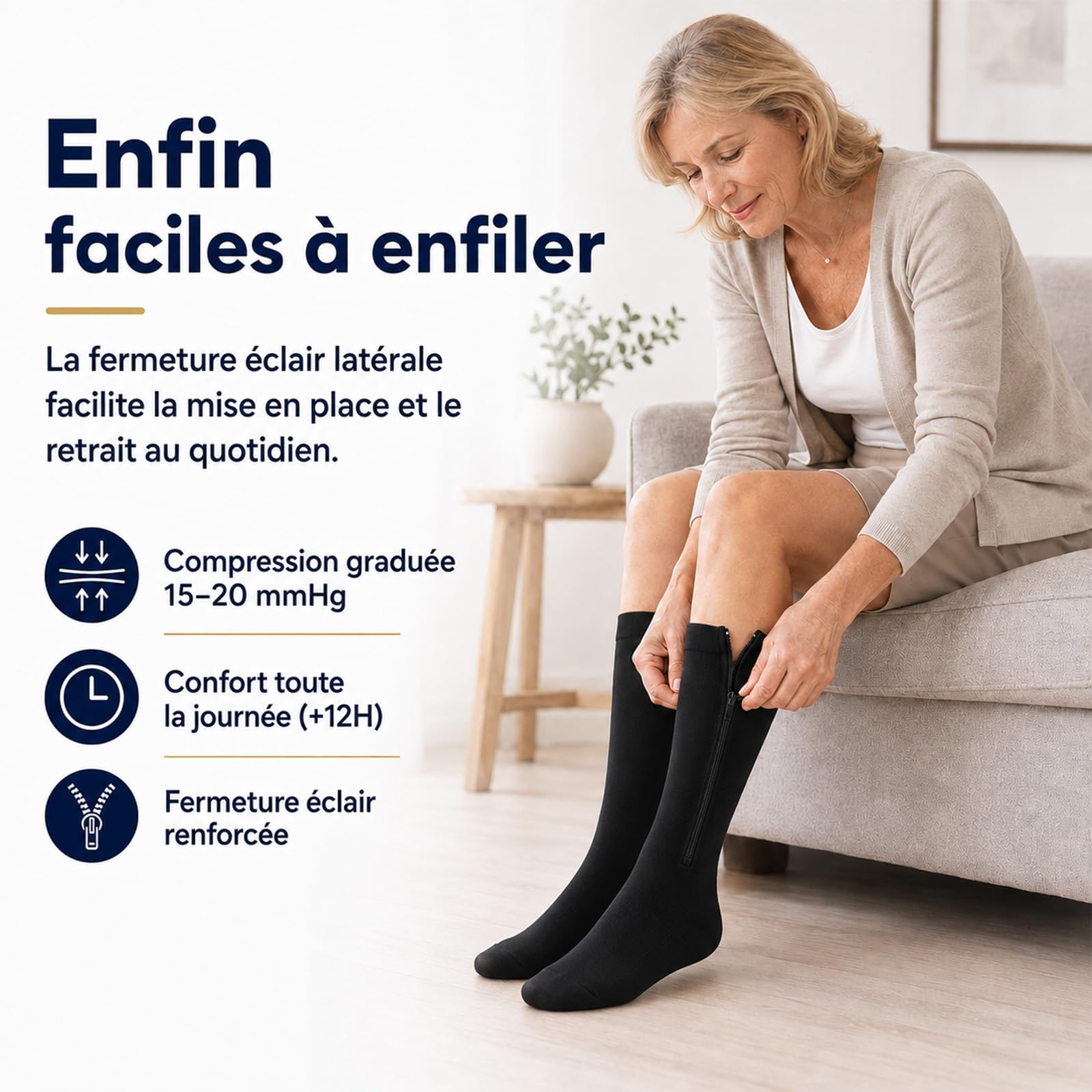 Bas De Contention Zippés - Assiva, Chaussettes De Compression Graduée 15-20 Mmhg, Fermeture Éclair Facile À Enfiler, Confort Toute La Journée, Anti-Fatigue Jambes