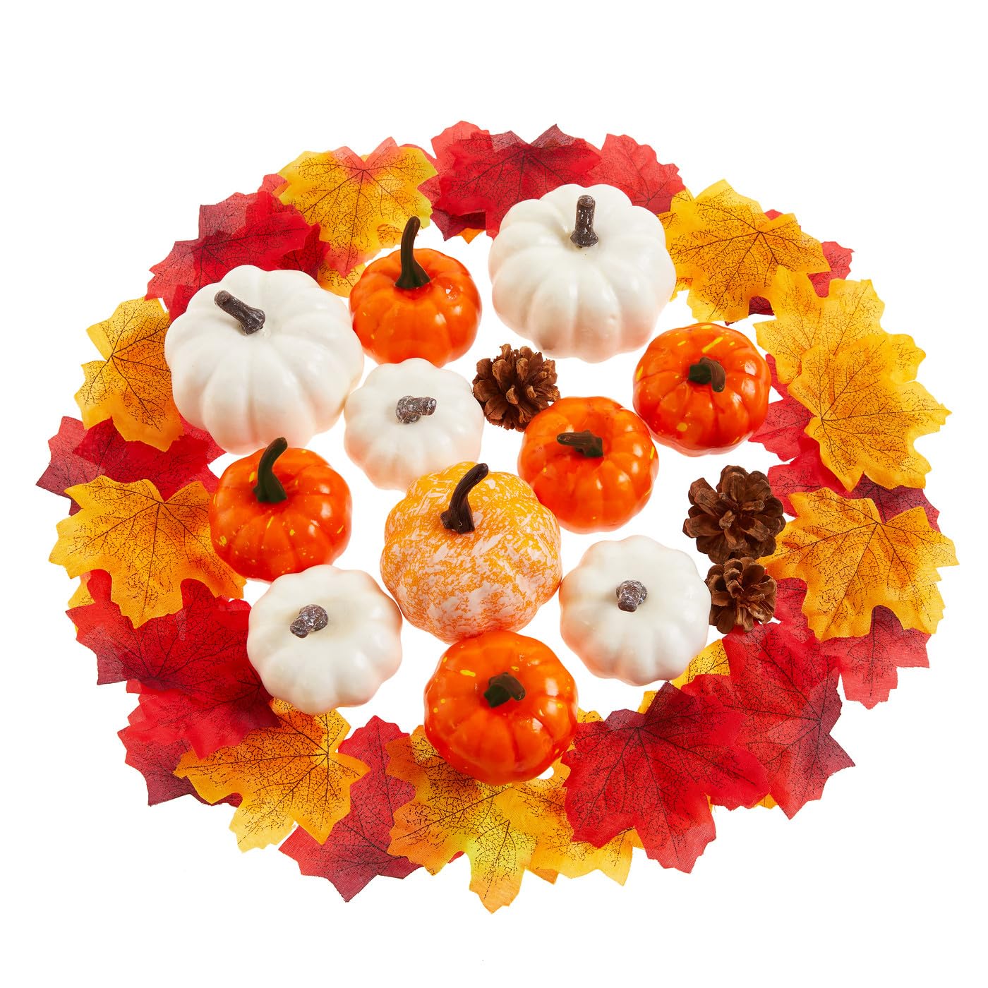 Sahoottie Fake Plastic Pumpkins Artificial Pumpkins Autumn Decorations Set Artificial Fall Maple Pine Cones Autumn Thanksgiving Halloween Pumpkin Decoration 54Pcs