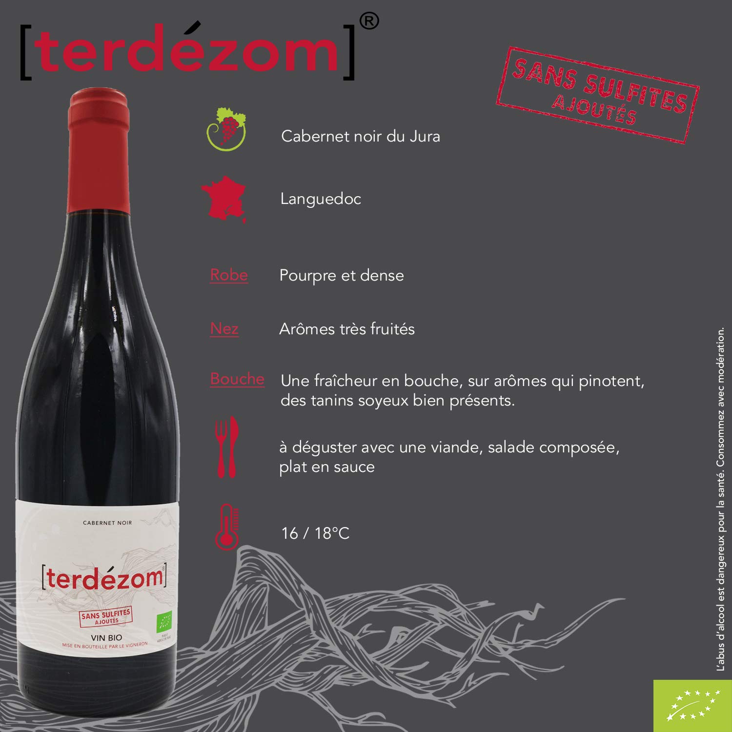 Terdézom Vin rouge bio sans sulfites - 75cl - carton de 6