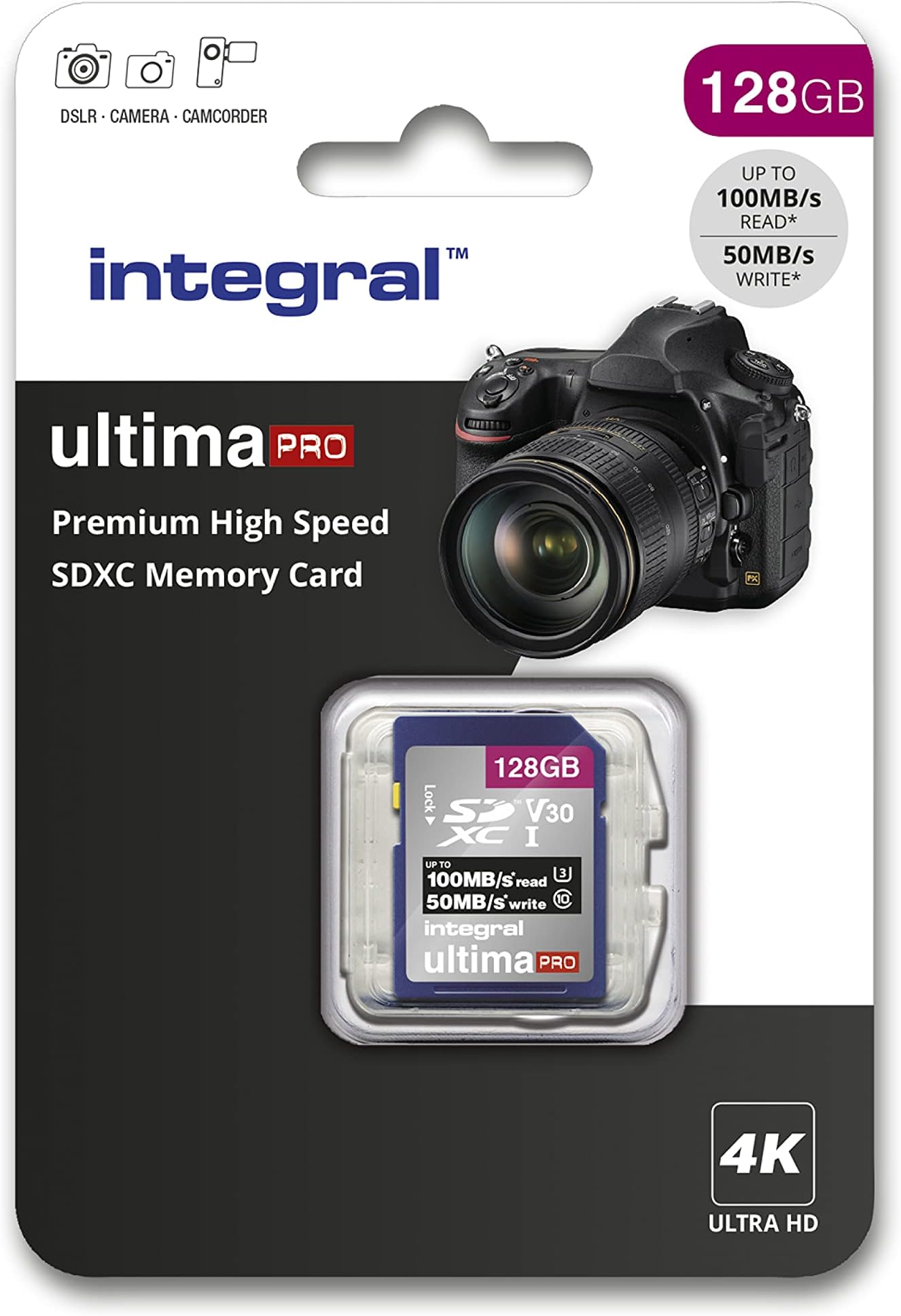 Integral 128GB SD Card 4K Ultra-HD Video Premium High Speed Memory Card SDXC Up to 100MB/s SDXC V30 UHS-I U3 Class 10 SD Memory Card, Black