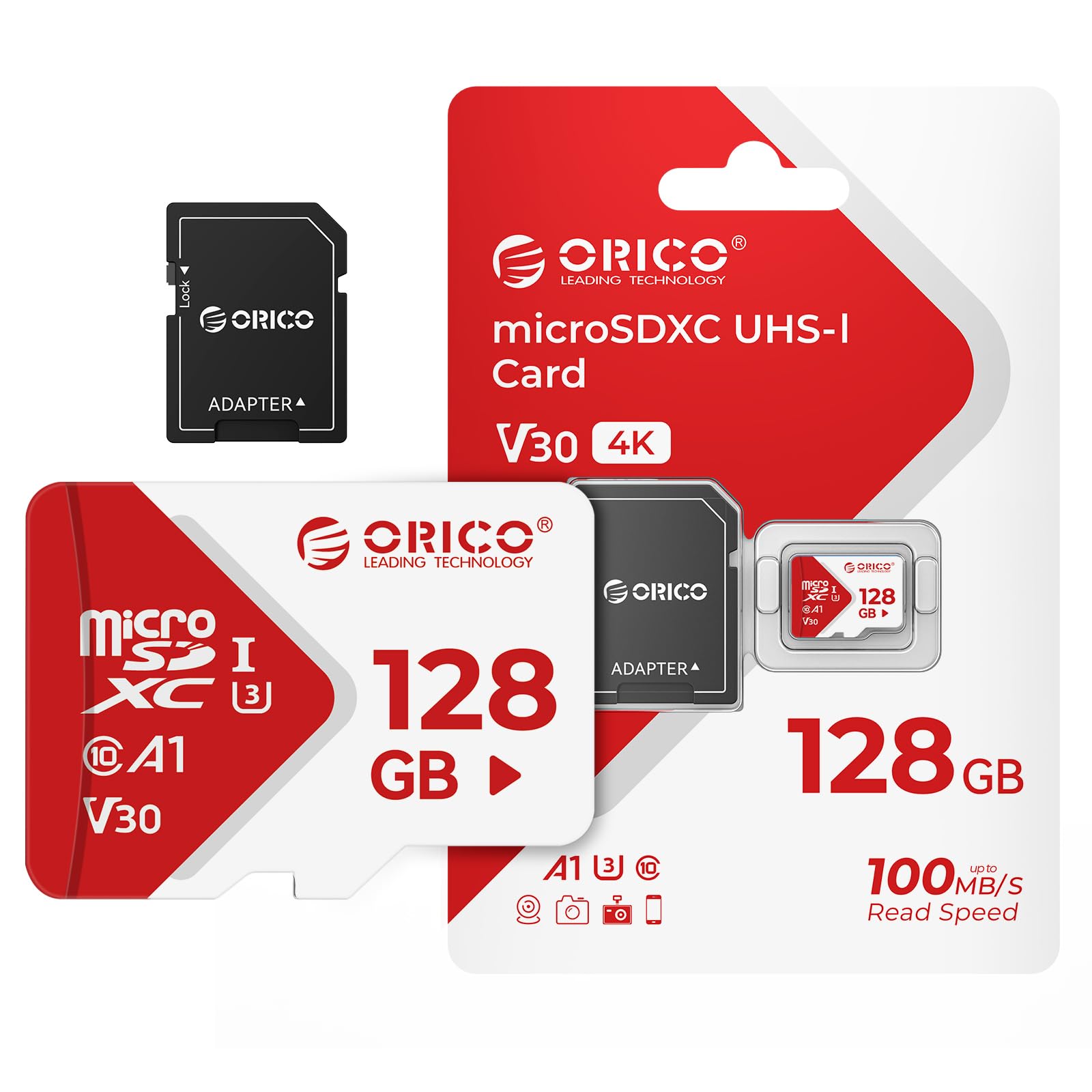ORICO TF30 Carte Micro SD 128 Go + Adaptateur, Jusqu'à 100 Mo/s, 4K