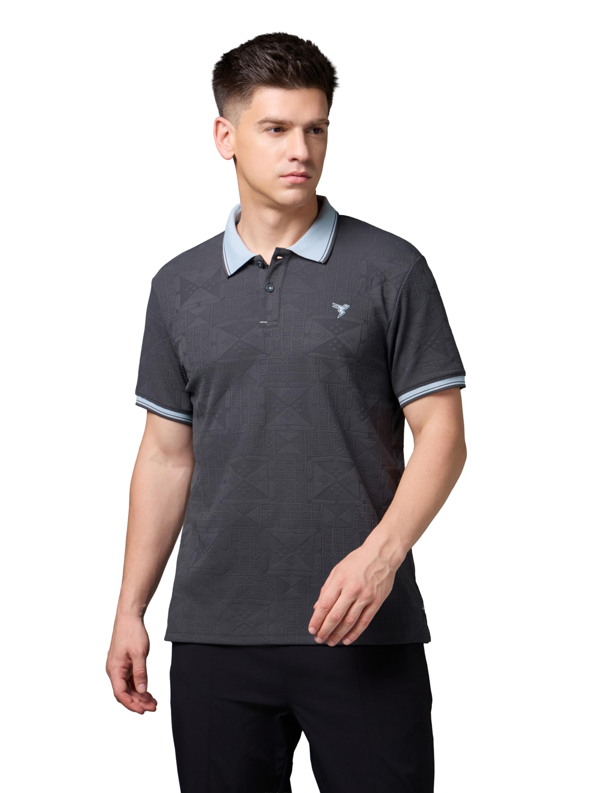 TECHNOSPORT Men's Jacquard Regular Fit Half Sleeve Polo T-Shirt COTFLEX 4-Way Stretch Polyester Button Placket for Gym Casual Smart Wear Anti Odour-picture-30