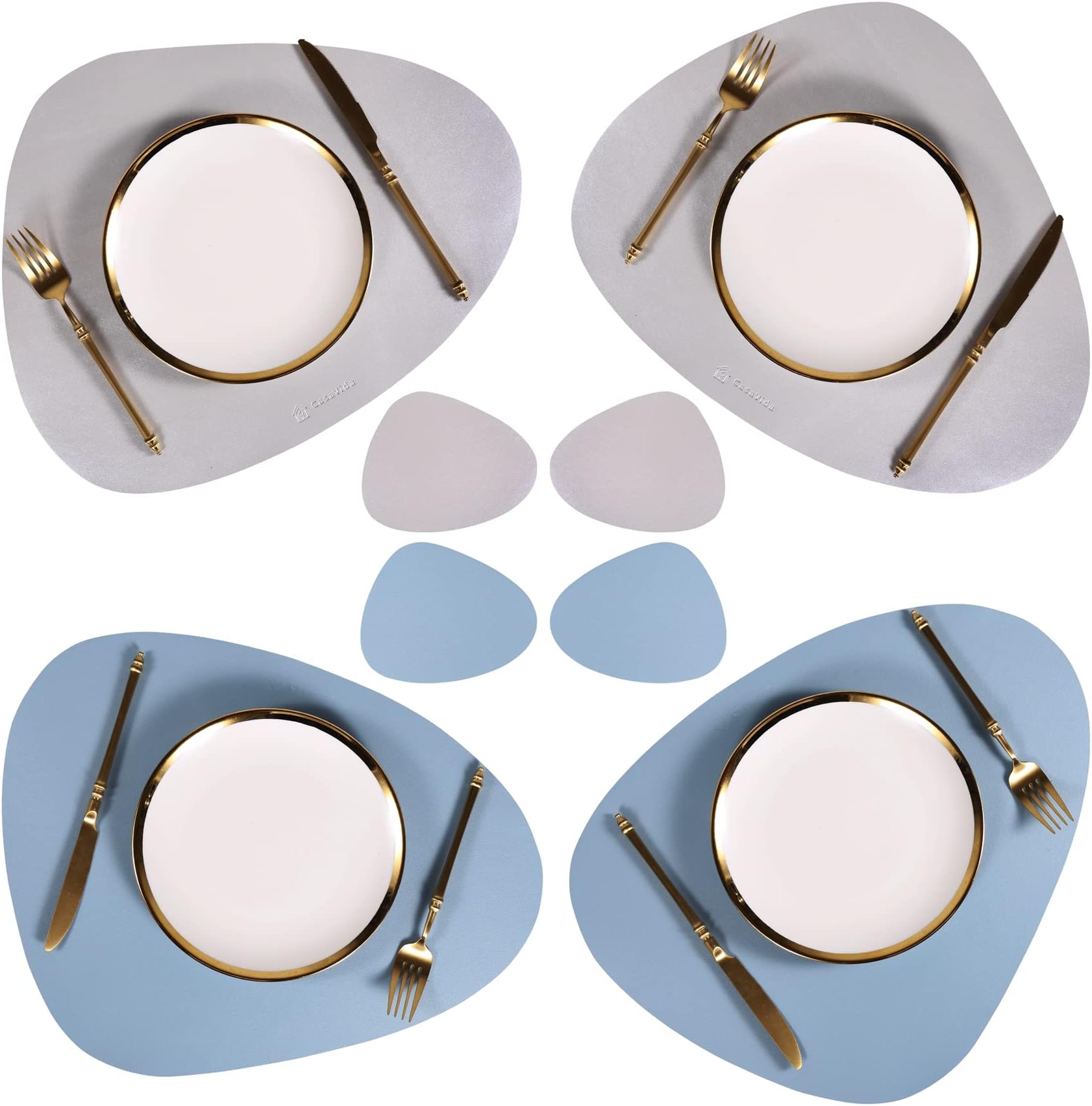 Faux Leather Placemats and Coasters - Set of 4 PU Leather Heat Resistant Dining Table Place Mats for Kitchen Sliver & Blue Table Mats Washable Seasonal Decorations Modern Unique Design by CasaVida