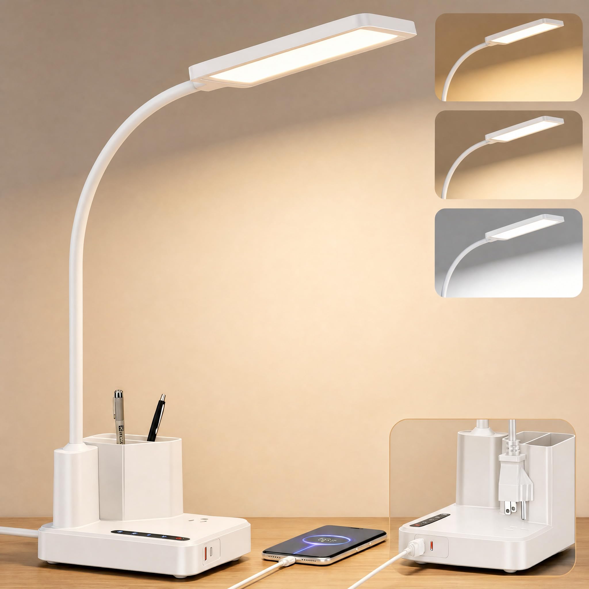 Lampada da scrivania, lampada da scrivania a LED per casa e ufficio, con 2 porte USB di ricarica/presa/organizer, lampada da scrivania per dormitorio universitario, lampada da tavolo a collo di cigno