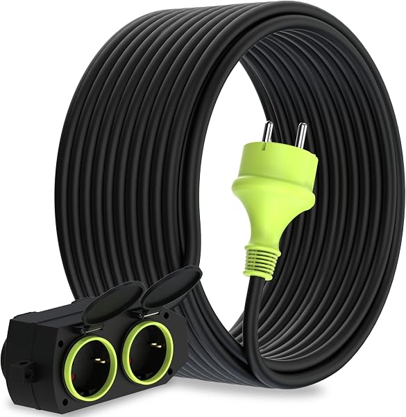 MutecPower 20m Cavo di prolunga con 4 prese Schuko per uso esterno IP44 H05RR-F3G 1,5mm² prolunga a 4 vie con contatti di protezione cavo in gomma da esterno 20 metri nero/verde - 1