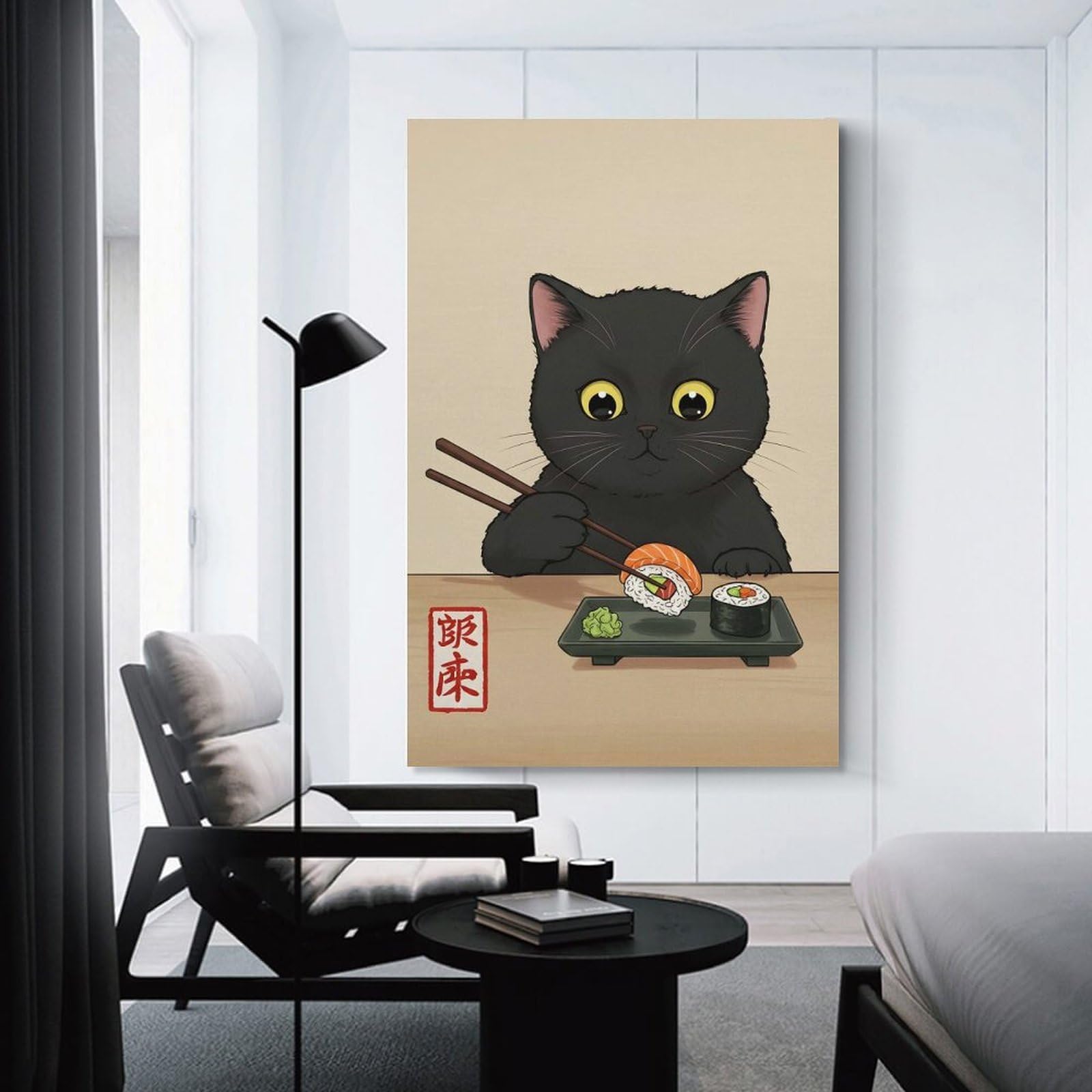 Junmoney Canvas Wall Picture Black Cat Eating Sushi, 16x24inch(40x60cm), for Sofa Walls, Lounge Or Home Corners, Canvas Styling for A Polished Room Look