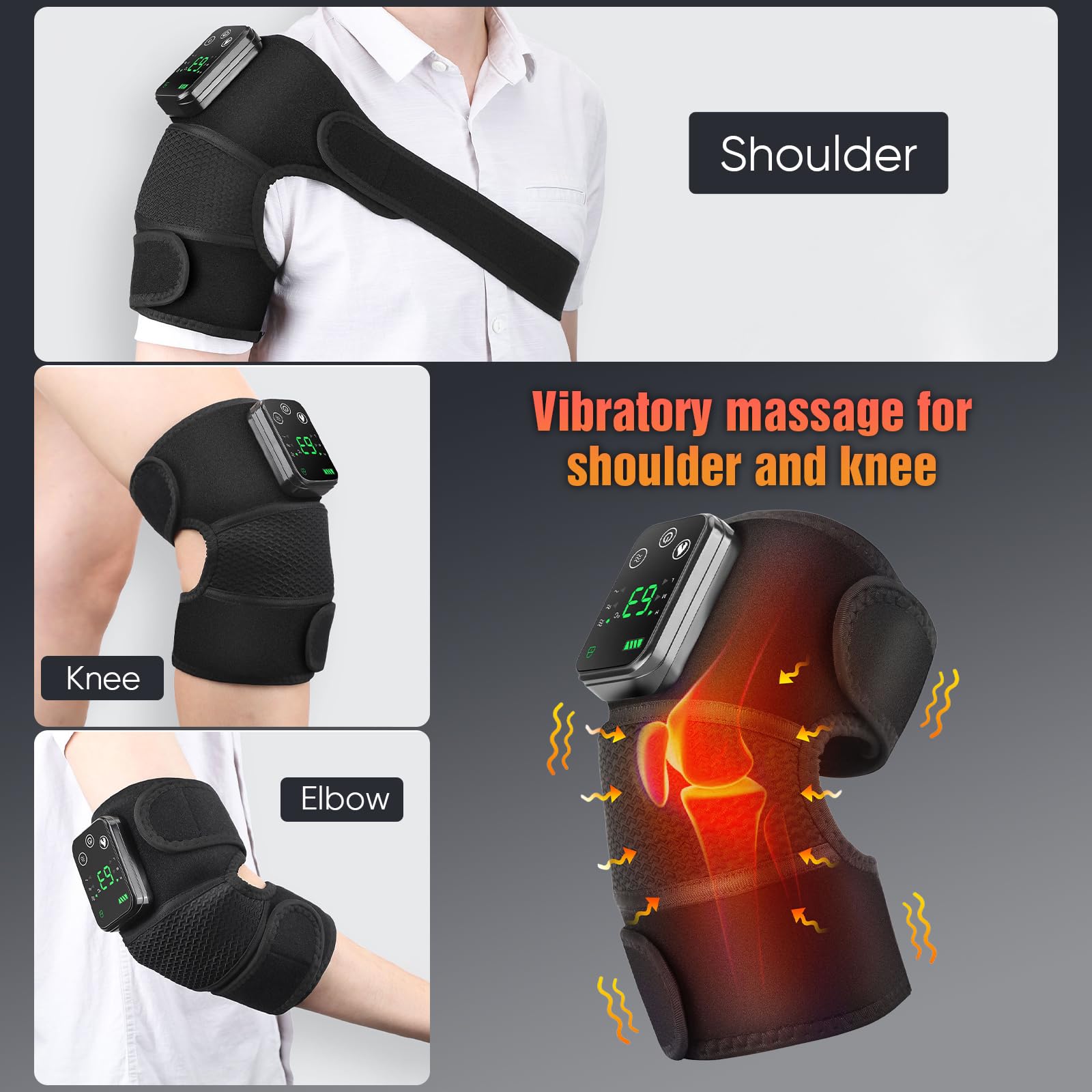Rodillera calefactora inalámbrica,Cojín calefactor para la rodilla con control táctil, rodillera térmica para hombro y codo con 3 modos de masaje, ajustes de temporizador