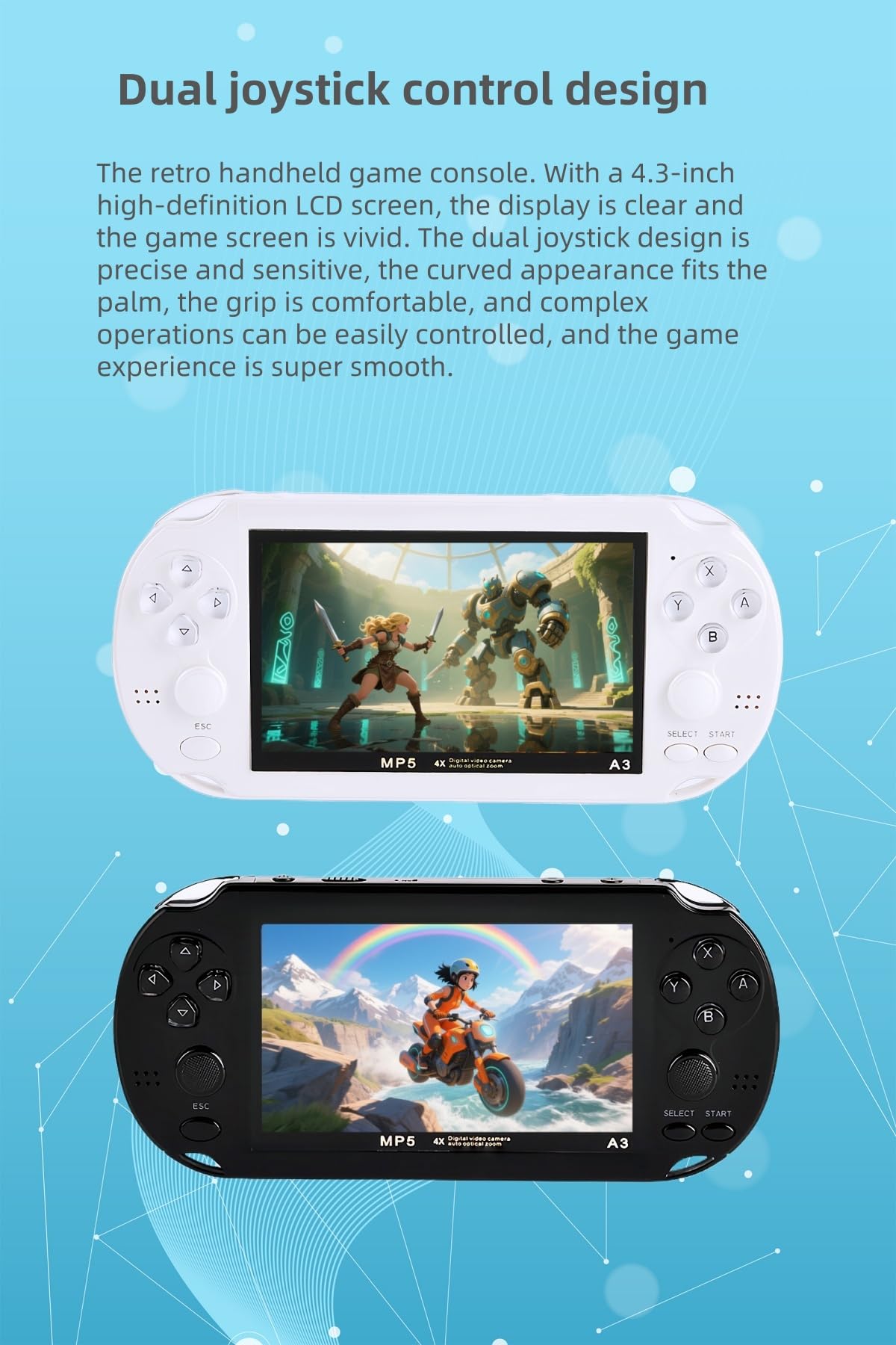 Retro YHFITN 4.3 Inch Portable Game Console with Dual Joystick, Compatible with TV, Kids and Adults.(White) - 3