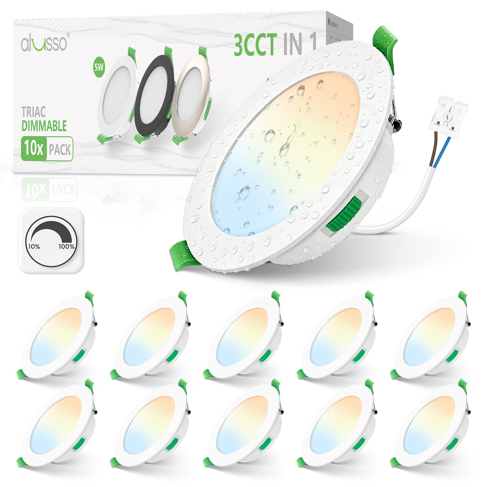 ALUSSO Spot LED Encastrable Extra Plat, 5W 440LM Dimmable IP44 LED Spot Etanche Salle de bain, 3CCT Blanc Chaud 3000K Blanc Neutre 4000K Blanc Froid 6500K, Trou Φ68-78mm, Lot de 10